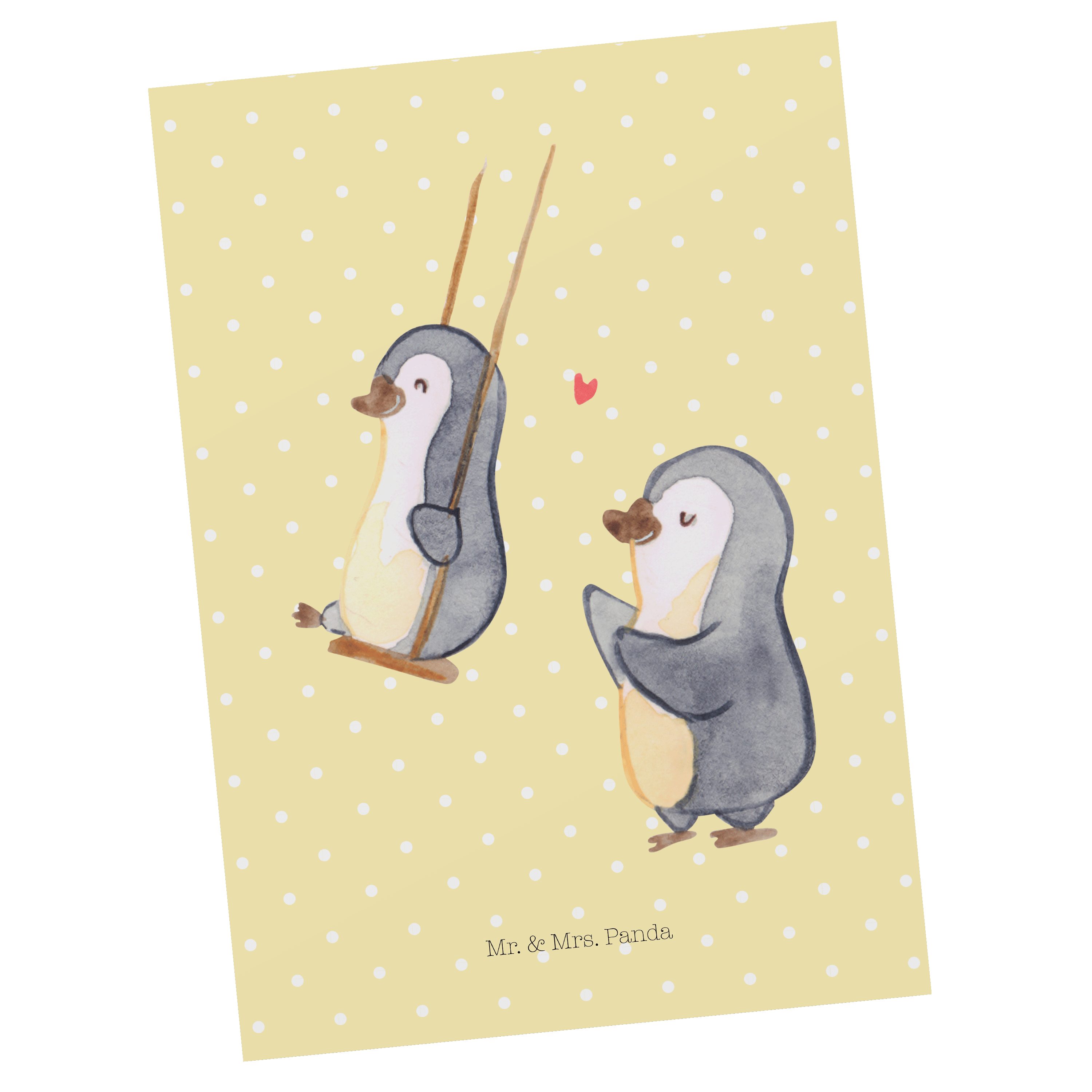 Mr. & Mrs. Panda Postkarte Pinguin Oma schaukeln - Gelb Pastell - Geschenk, Geburtstagskarte, Gr