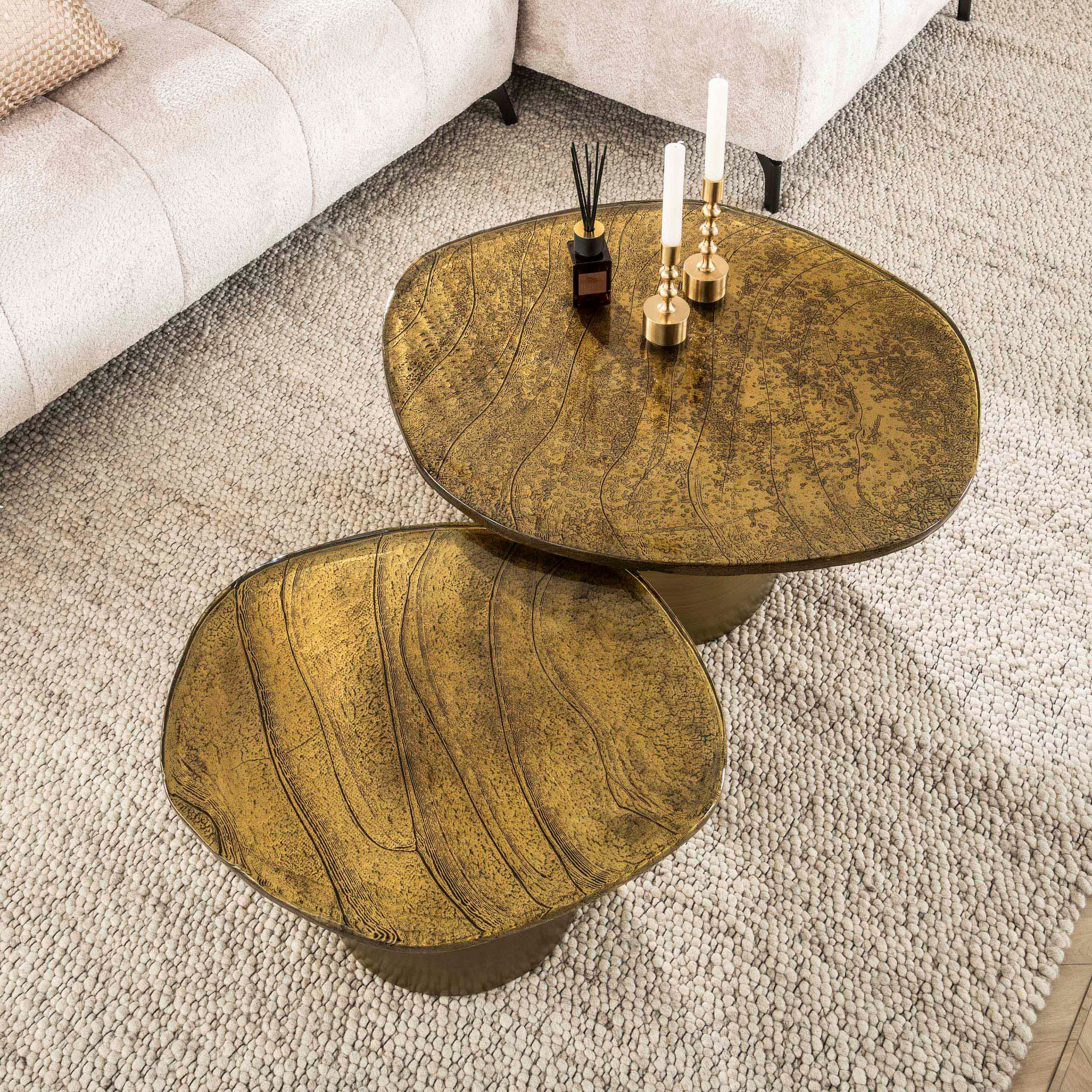 alesvelt Couchtisch ECLIPSE ORGANICO 2-teilige Glastische mit Gussglas & Metallfuß (Set, 2er-Set), Tischplatte aus Gussglas
