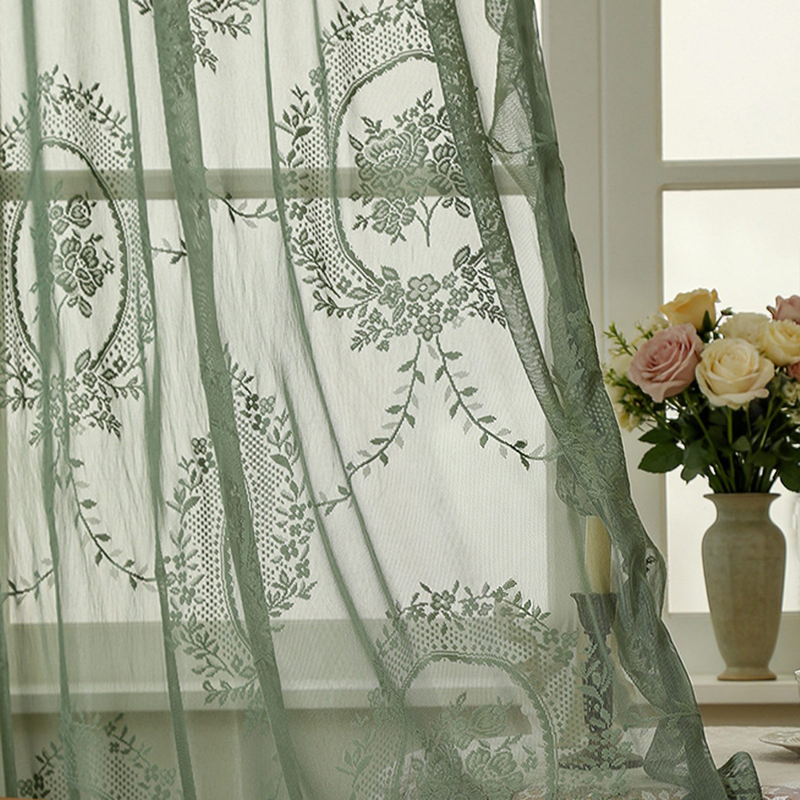 Sunicol Vorhang 2 Stück Französische Spitzenvorhang Durchlässig Gardinen, Vintage-Fensterbehandlung für Wohnzimmer Schlafzimmer