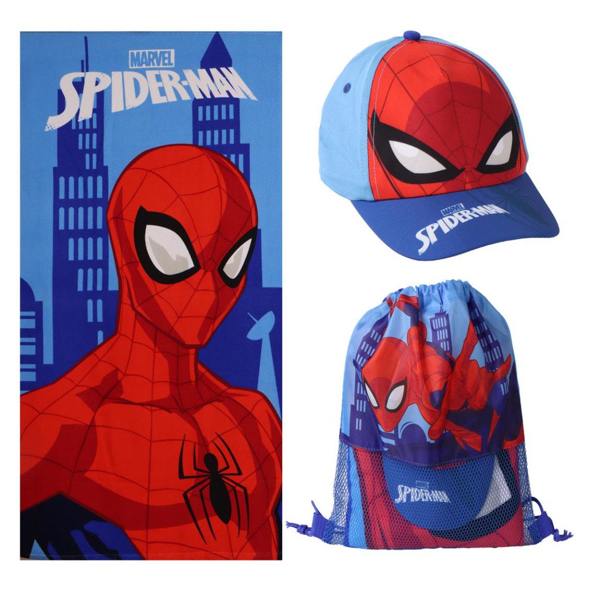 Spiderman Strandtuch Set Strandtuch 70 × 140 cm Baseballkappe und Turnbeutel
