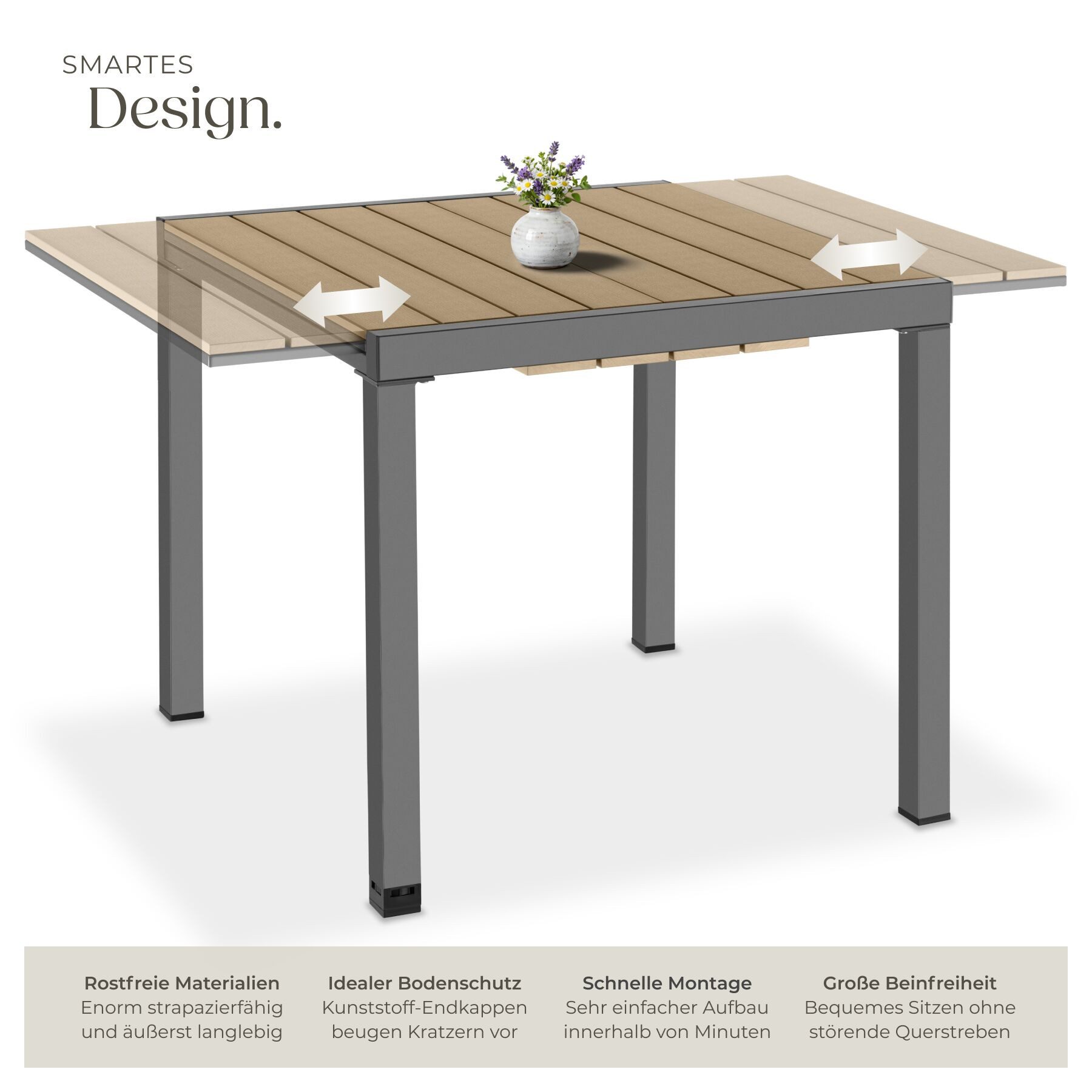tectake Gartentisch Outdoor-Esstisch aus Aluminium für 4-6 Personen, 80–120 x 80 x 74 cm (Balkontisch Inca, 1-St., in schwarz/braun), Lamellen in Holzoptik, wet – Bild 3 von 5