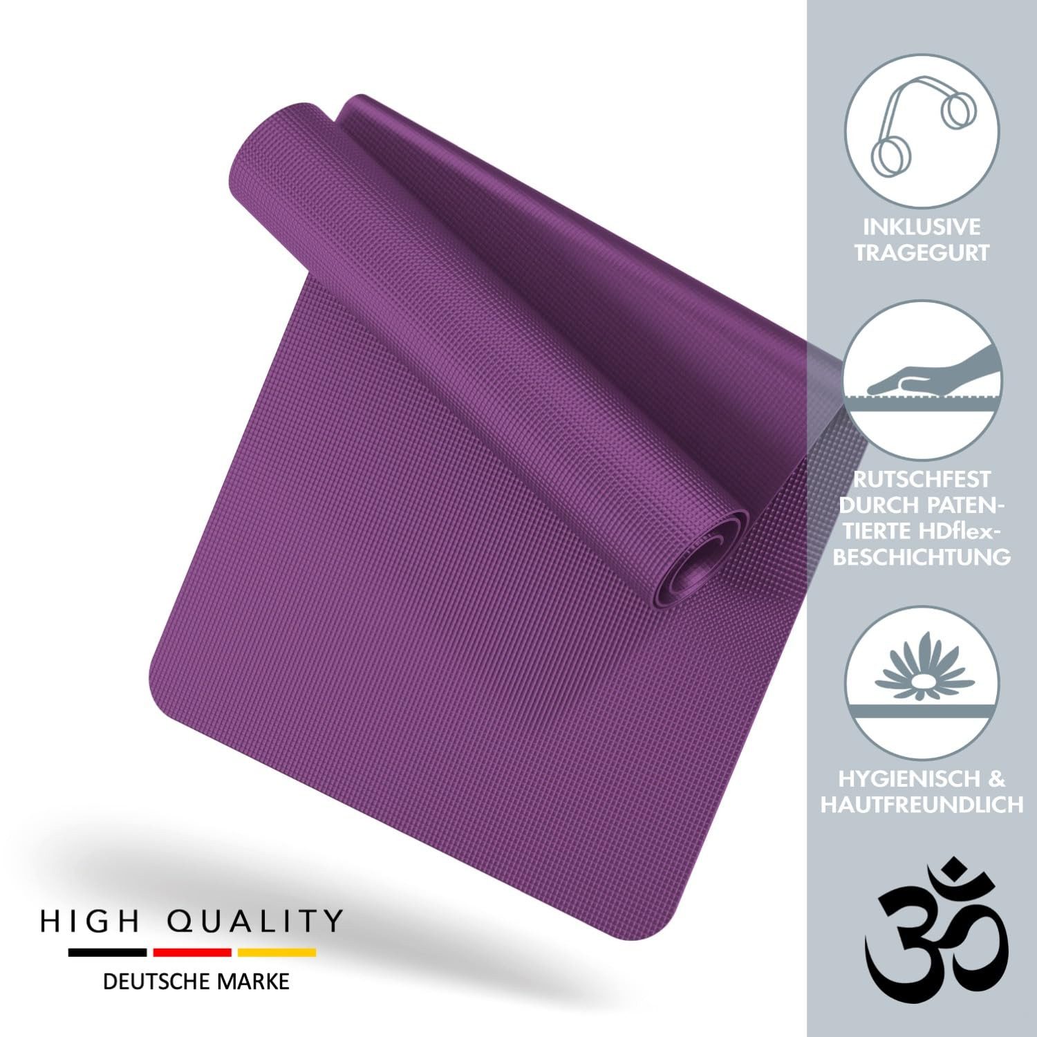 LILENO SPORTS Yogamatte Gymnastikmatte 180x60 cm inkl. Tragegurt, rutschfeste Fitnessmatte (1er Set mit Tragegurt, Einzelprodukt), Sport und Yogamatte beerenfarben für indoor und outdoor, 4 mm Dicke