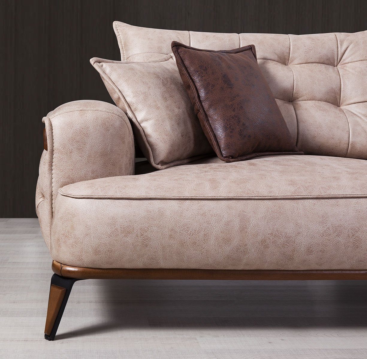 Made Möbel Sitzer Polyester) 1 (100% 3-Sitzer, Lederoptik Villa Sofa in Sofa, Turkey, Stk. Quality Beige Luxus-Microfaserstoff 3 in Troya