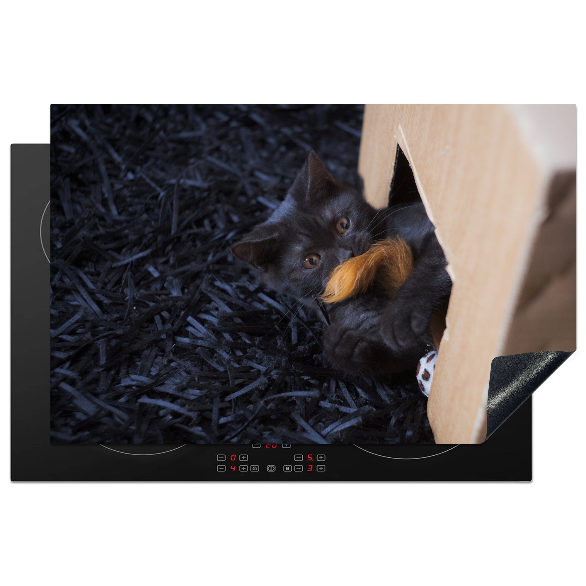 MuchoWow Herdblende-/Abdeckplatte Katze mit Spielzeug, Vinyl, (1 tlg), 81x52 cm, Induktionskochfeld Schutz für die küche, Ceranfeldabdeckung