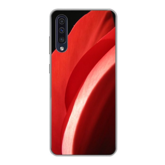 MuchoWow Handyhülle Nahaufnahme des Kopfes einer roten Tulpe vor einem schwarzen Handyhülle Samsung Galaxy A30s Smartphone-Bumper Print Handy