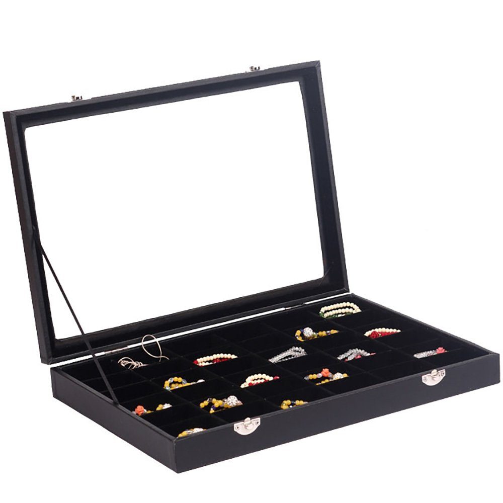 Sinoba Schmuckkasten Schmucklade Schmuckkästchen Schmuckbox für Ringe Ketten Ohrringe, Holz-Korpus, Velours-Bezug, mit Echtglas-Deckel – Bild 2 von 4
