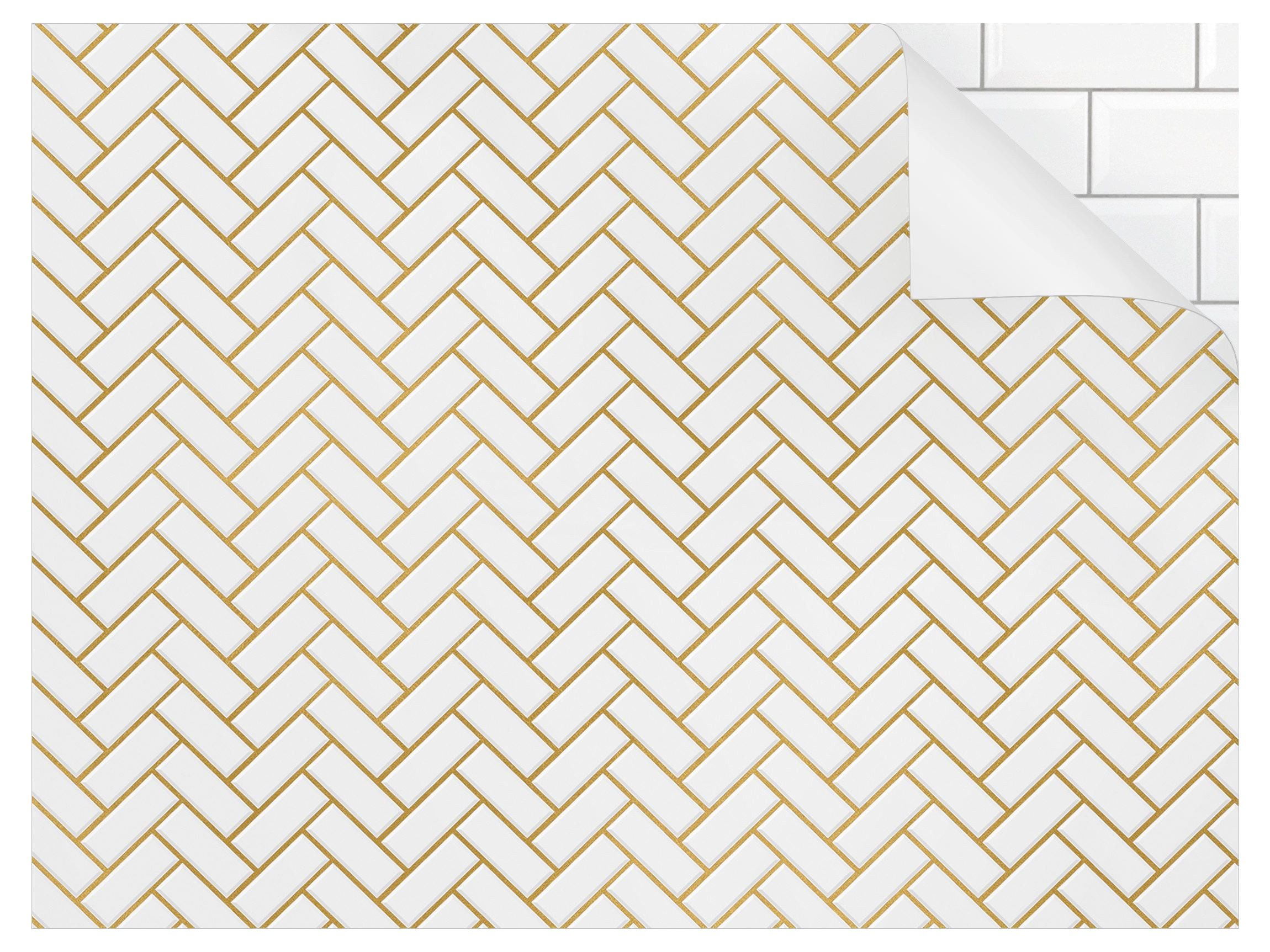Bilderdepot24 Badrückwand weiss fugenlose Wandverkleidung Bad Unifarben, (Hartfolie matt » Selbstklebend SMART 0,35 mm), wasserfestes Wandpaneel Fischgräten Weiß-Gold