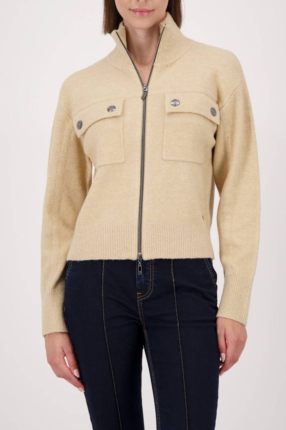 Monari Fleecejacke Strickjacke Gerippter Stehkragen mit 2-Wege-Zipper