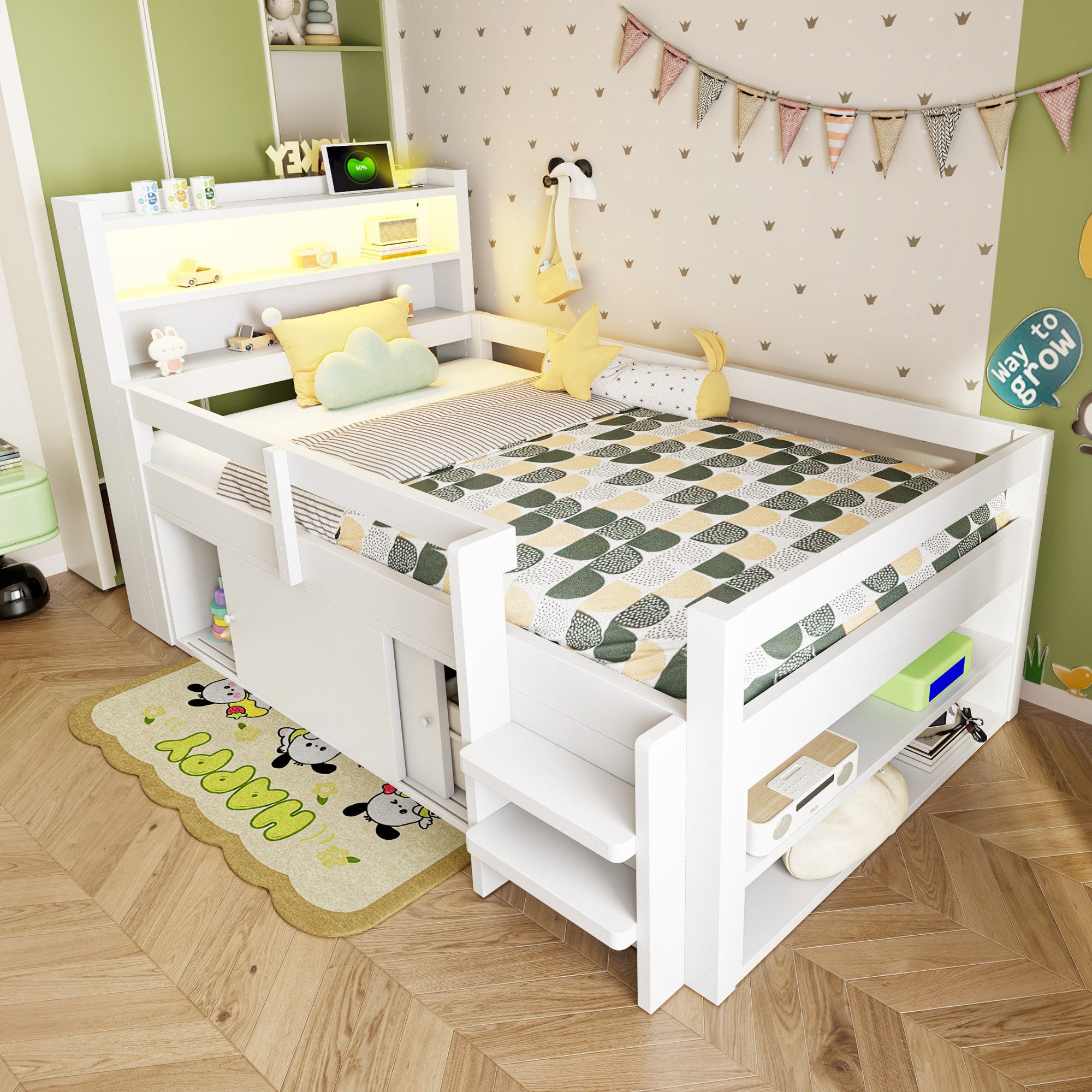 Flieks Kinderbett, Halbhochbett 90x200cm, Schrank mit Schiebetüren, LED-Leiste & Aufladen