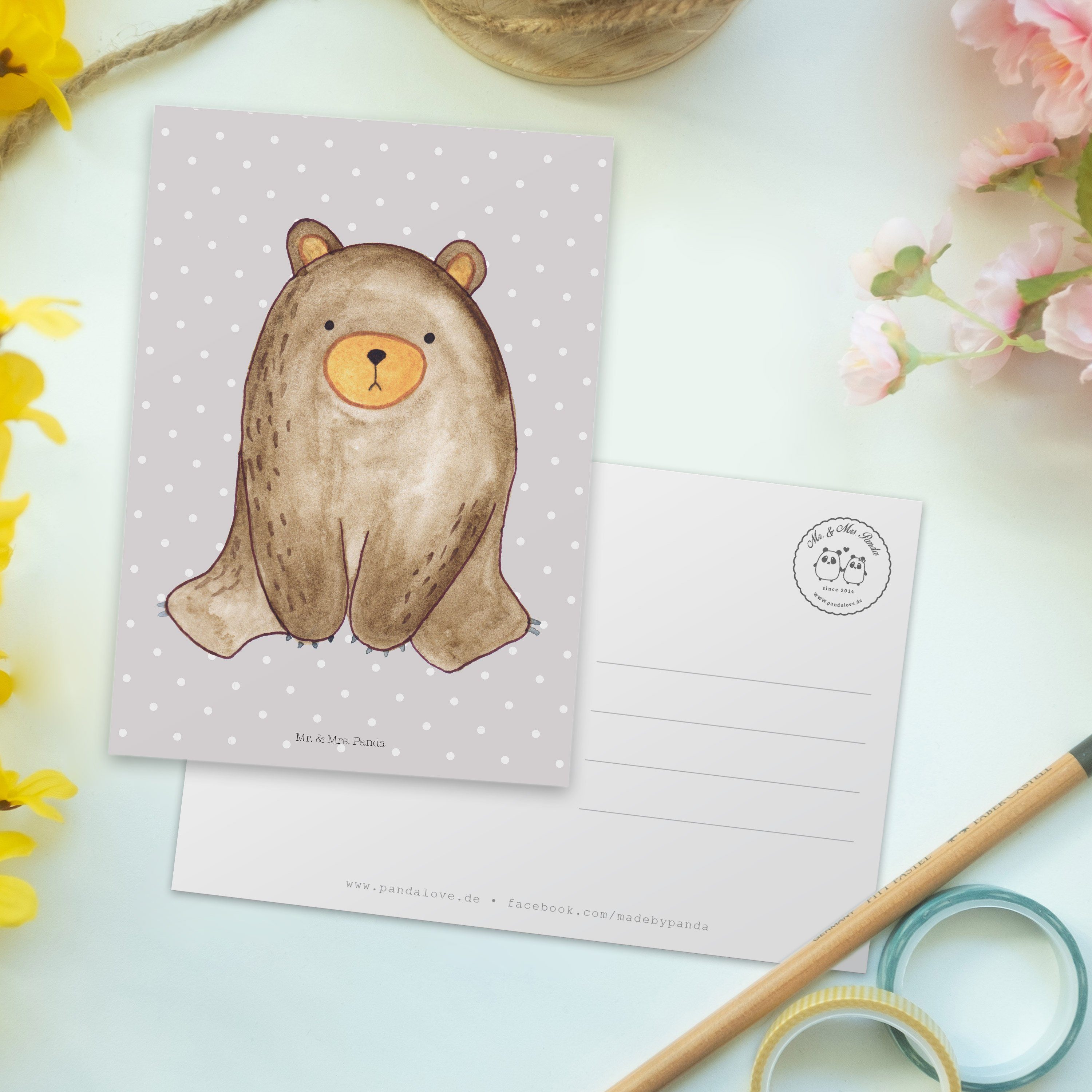 - - Geschenk, Panda Dankeskarte, Grau Mrs. Einladu sitzend Bär Pastell Postkarte Teddybär, Mr. &