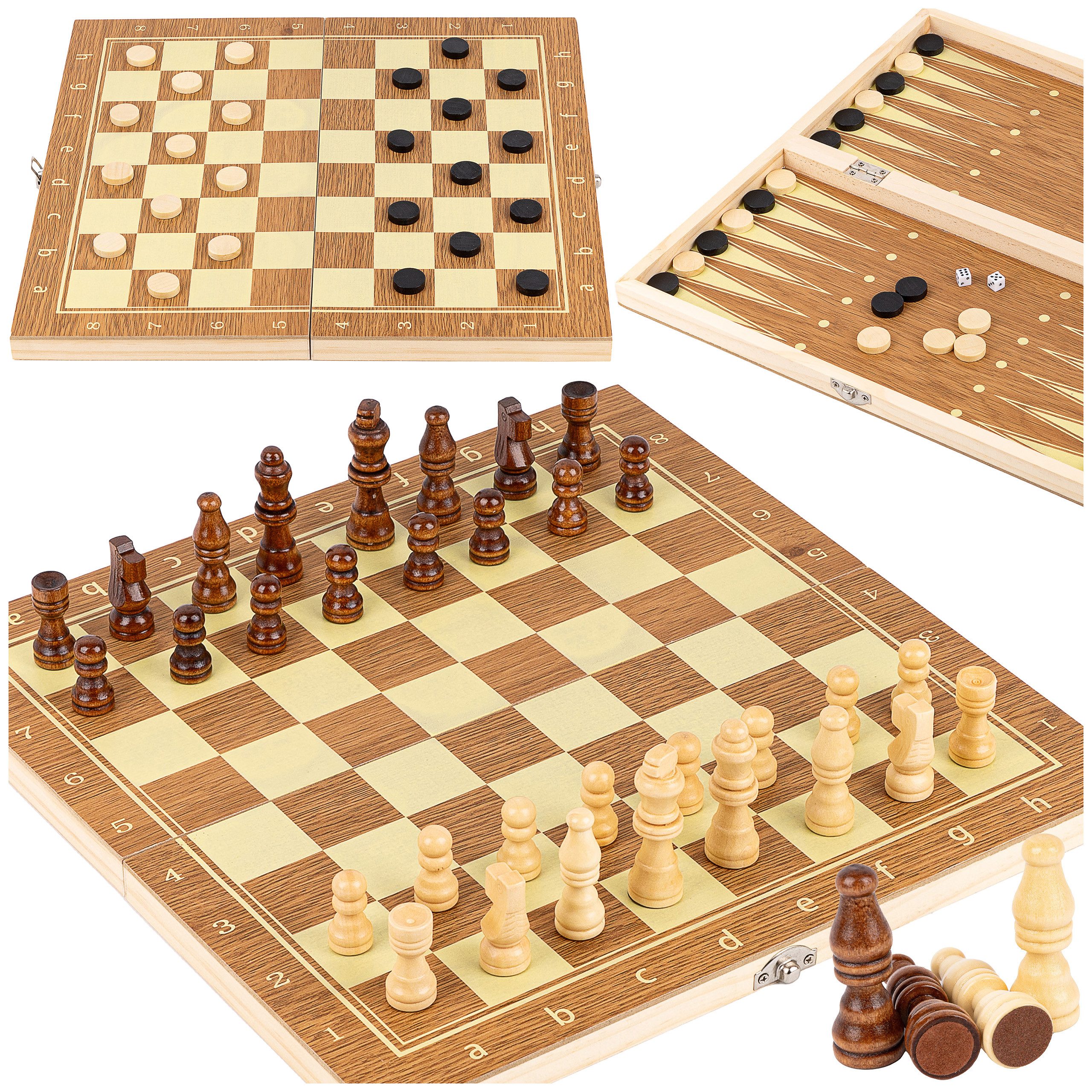 kinderplay Spiel SCHACH, DAMA, BACKGAMMON - GROßES HOLZSPIEL 3w1, Strategiespiel