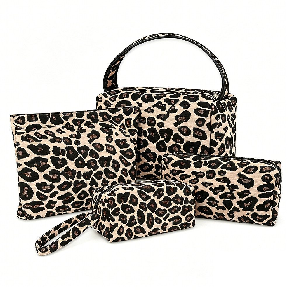 Agger Kulturbeutel Kosmetiktasche für Damen,Make-up-Tasche, tragbare (4-tlg), tragbare Kosmetiktasche mit Leopardenmuster,Waschbeutel, Beautycase
