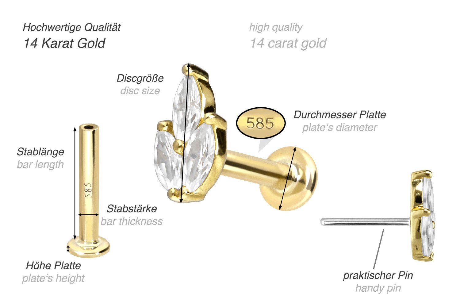 PIERCINGLINE Piercing-Set 14 Karat Gold Labret mit Push Fit MOISSANIT-LOTUSBLÜTE (Labrets, 1-tlg)