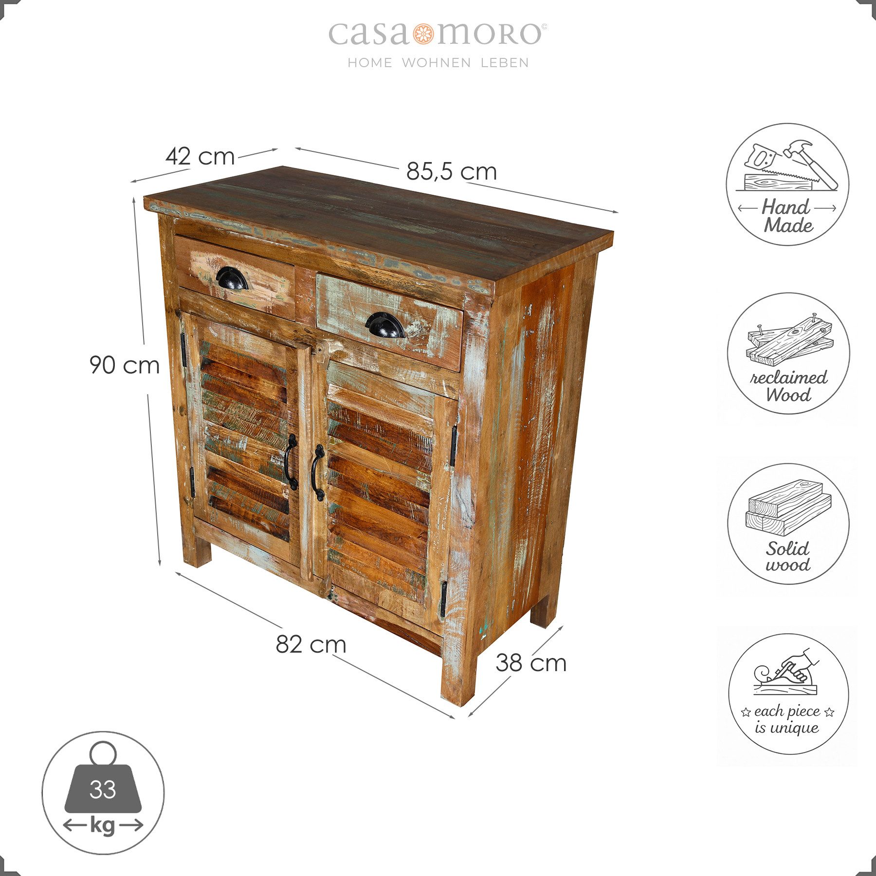 Casa Moro Highboard Hochkommode Massivholz Sideboard 82x42x90 cm Altholz Vintage, massiver Aufbau, Stabil 33 kg Gewicht, mit Türen, mit Schubladen
