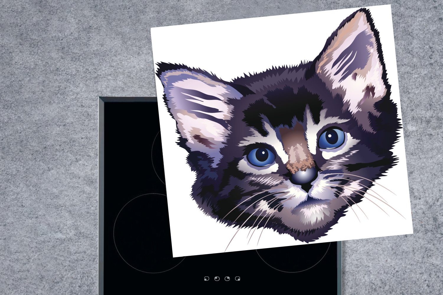 Illustration Vinyl, cm, (1 Herdblende-/Abdeckplatte für küche blauen mit tlg), Arbeitsplatte einer Die Katze 78x78 Ceranfeldabdeckung, MuchoWow Augen,