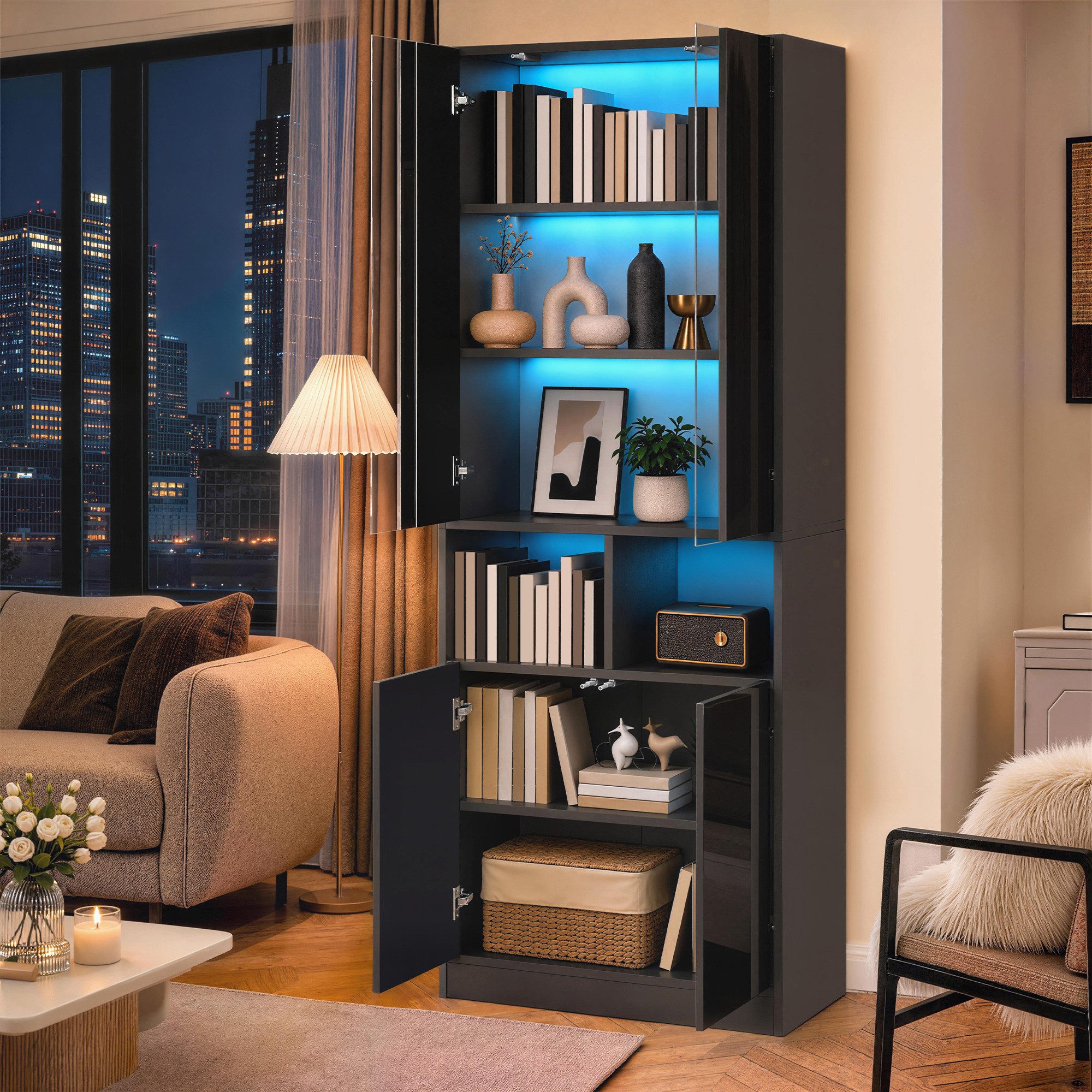 Merax Vitrine mit LED-Beleuchtung inkl.APP, 70Lx35Bx180Hcm (1-St., Wohnzimmerschrank Flurschrank Schlafzimmerschrank) mit Acryl-Sichtfenster,Doppeltüren,verstel – Bild 2 von 5