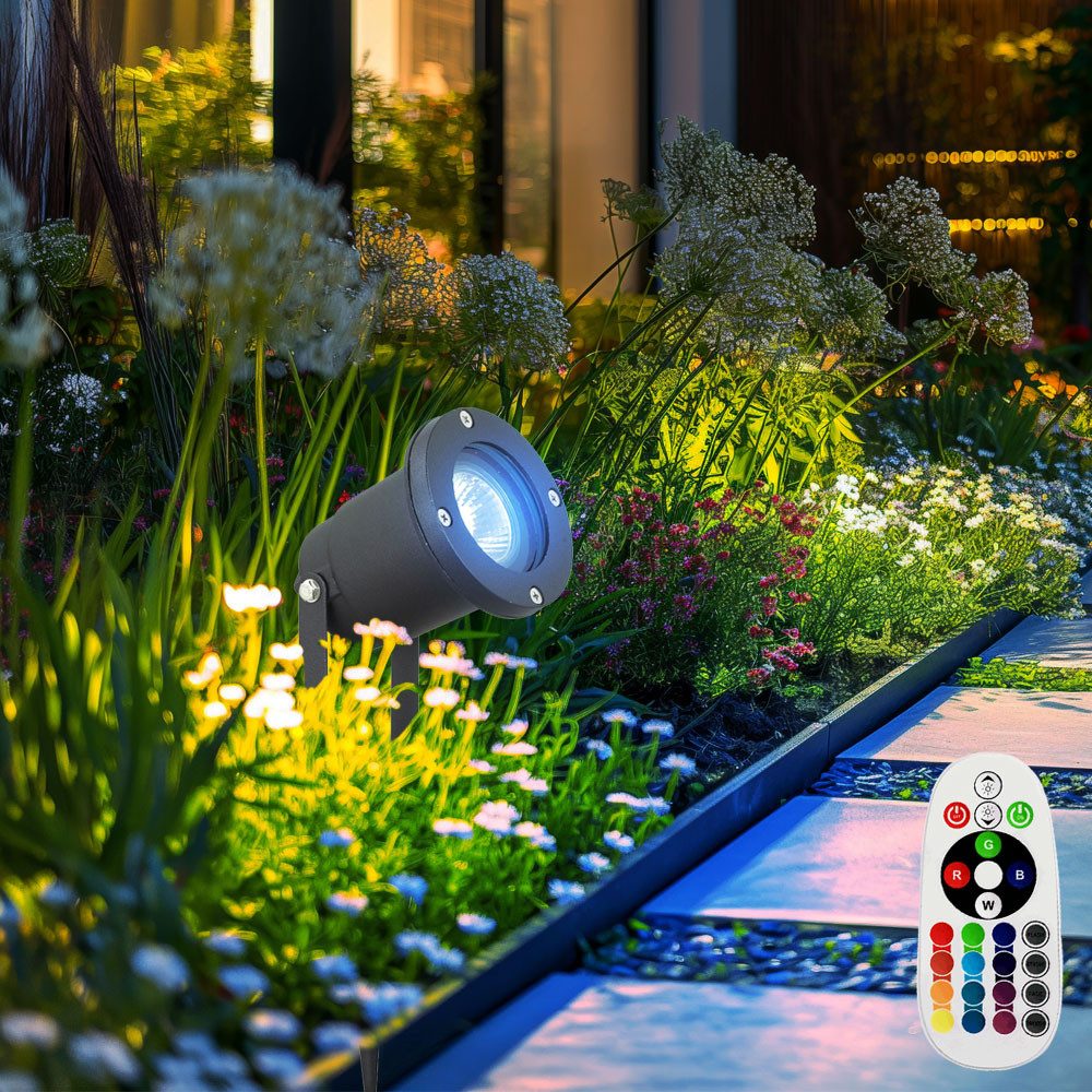 etc-shop LED Gartenstrahler, Leuchtmittel inklusive, Warmweiß, Farbwechsel, Außen Steck Leuchte Balkon Rasen Strahler Fernbedienung im Set