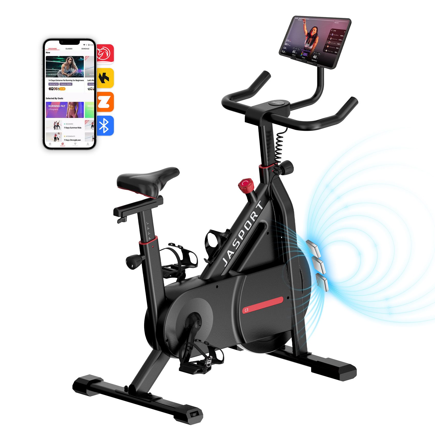 JASPORT Speedbike C3 Heimtrainer Fahrrad mit Bluetooth, Kinomap & Zwift, bis 120 kg (Einzelgerät, mit LED-Display, Tablet-Halterung, Flaschenhalter und Transportrollen), Leiser Riemenantrieb, 100 Widerstandsstufen, Magnetbremssystem