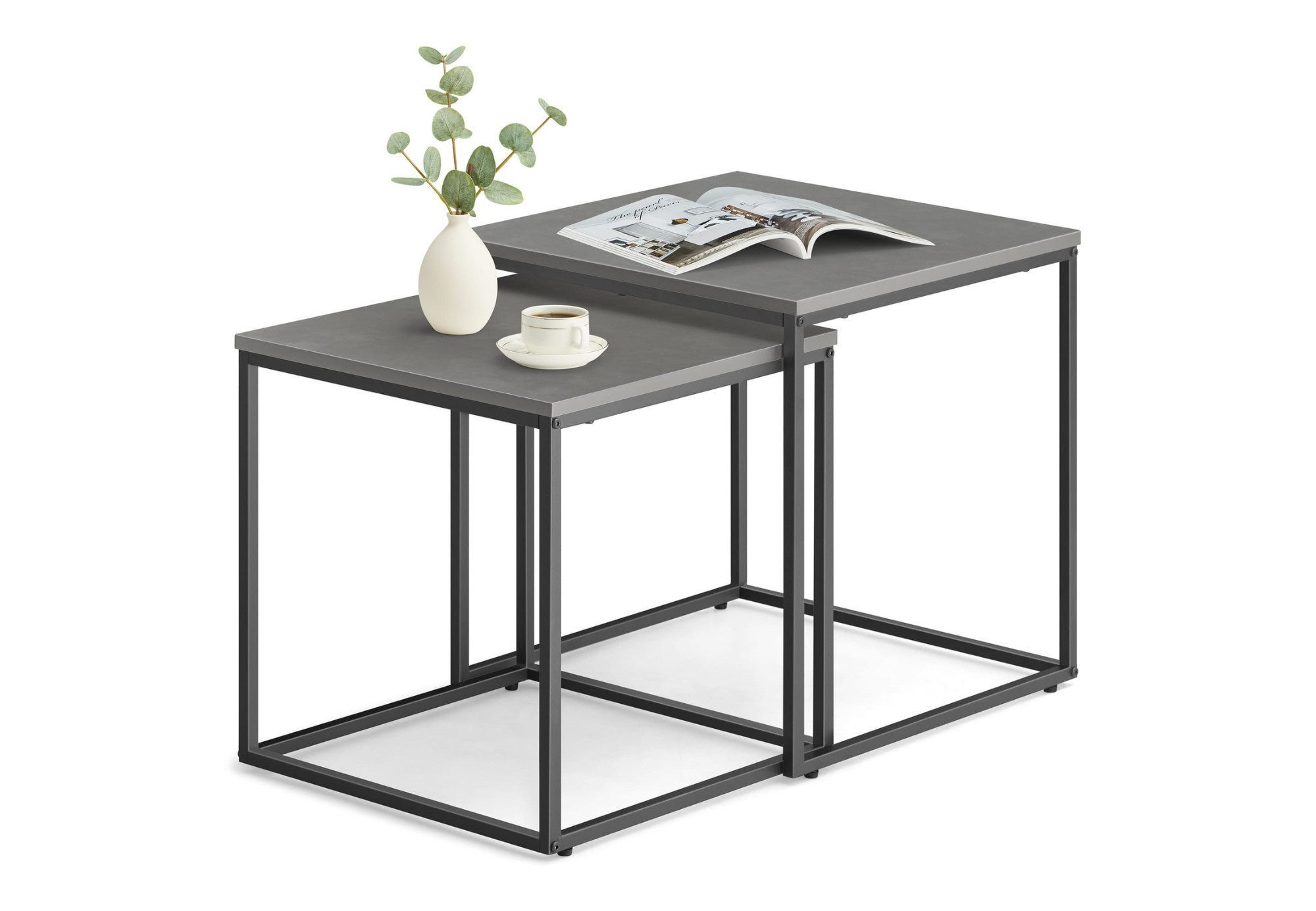 Home Collective Couchtisch 2er Set Beistelltisch Loft Design 2in1 Verschachtelung Wohnzimmer, kratzfeste Oberfläche 50&45cm Zement-Grau schwarzen Beinen quadratisch