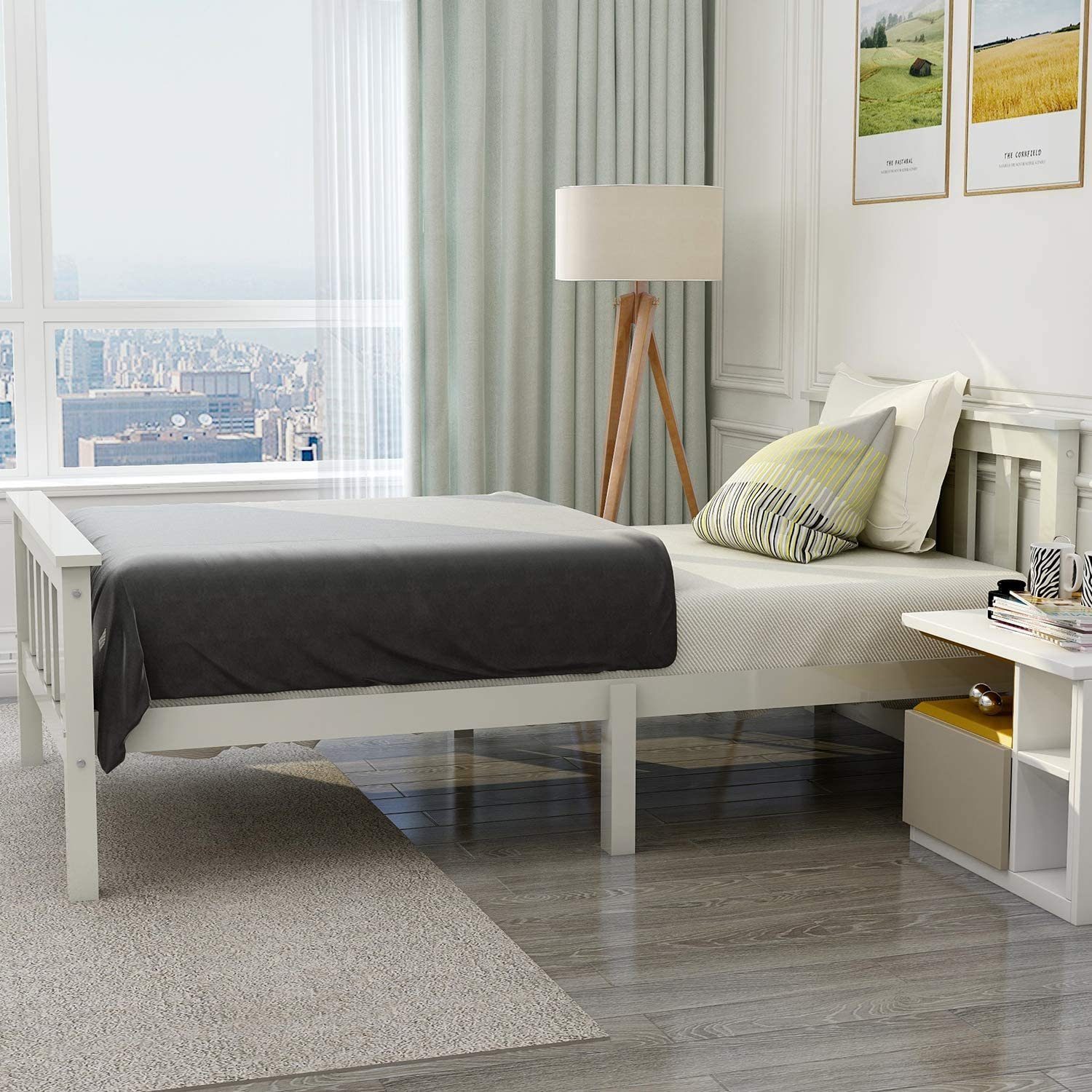 Merax Einzelbett mit Lattenrost,Jugendbett mit aus Kopfteil, 90x200cm Holzbett Massivholz, Bettgestell