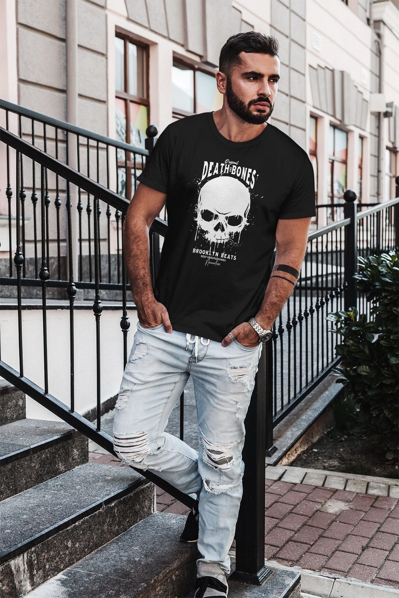 Death Skull Print Outfit and T-Shirt schwarz Club Print-Shirt Slim mit Neverless® Totenkopf Bones Fit Neverless Herren