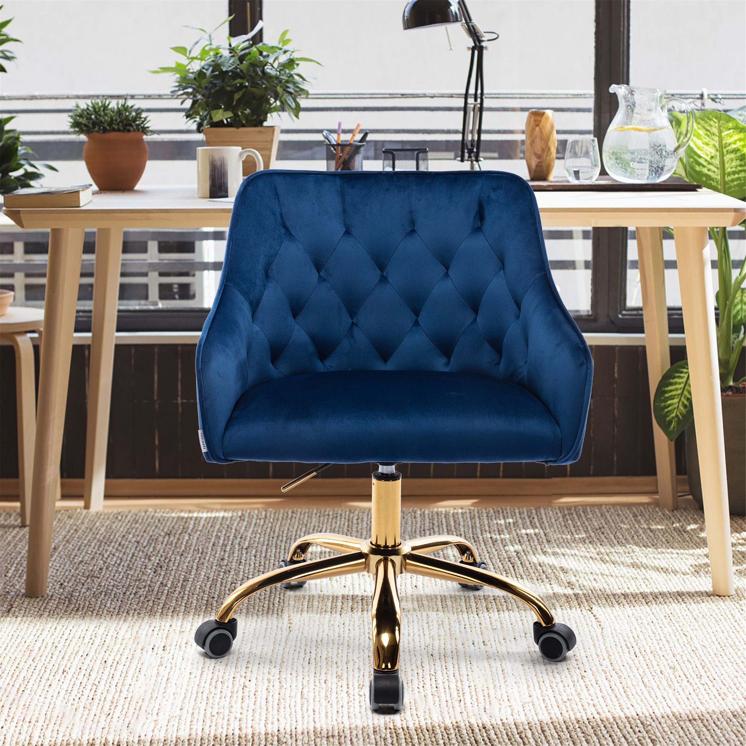 OKWISH Stuhl Samt Bürostuhl, Schminkstuhl, Stoff-Schreibtischstuhl (360° drehbar, höhenverstellbar), hübscher schicker Stuhl, goldener Bürostuhl blau