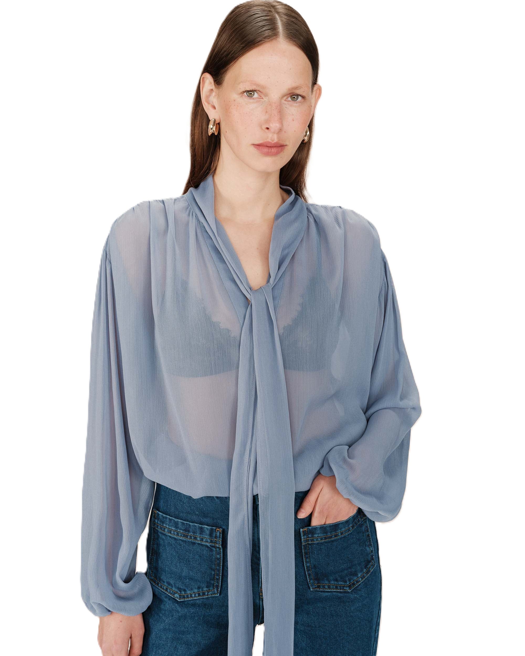 Grace & Mila Langarmbluse Tie-neck blouse SPLENDIDE ? Damenbluse transparent ? Bluse mit Bindkra