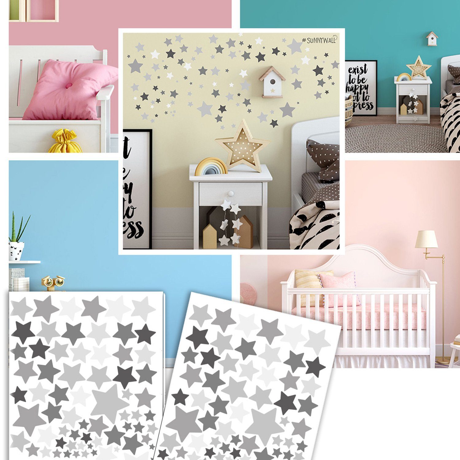 Sunnywall Wandtattoo Sterne Aufkleber Stars Wandsticker bunt, Sternenhimmel Wandtattoo, konturgeschnitten