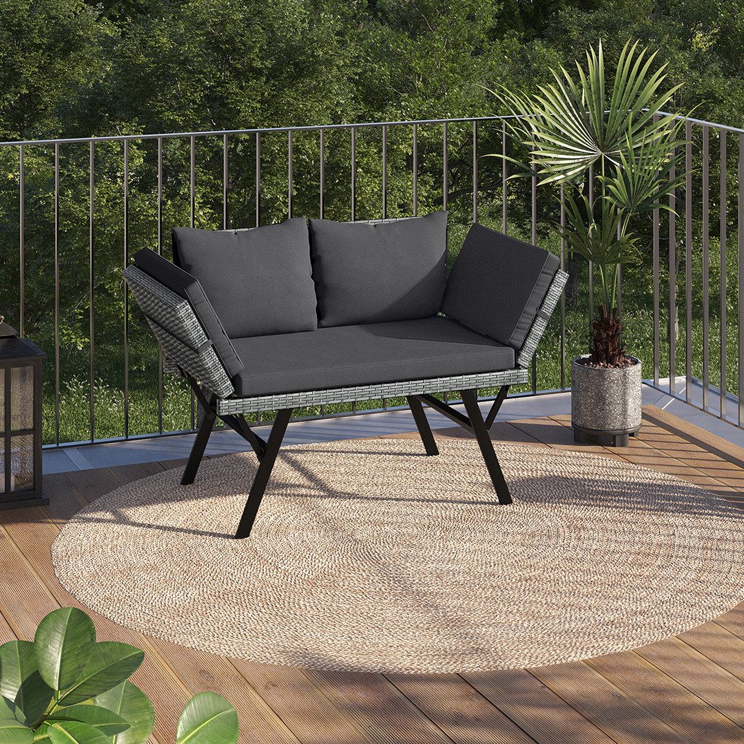 STEELSØN Gartenbank Elytra Relax-Lounge mit klappbaren Armlehnen (grau-meliert/anthrazit, inkl. Kissen), 4 Positionen dank Liegefunktion, Rattan Sitzbank wetterfest