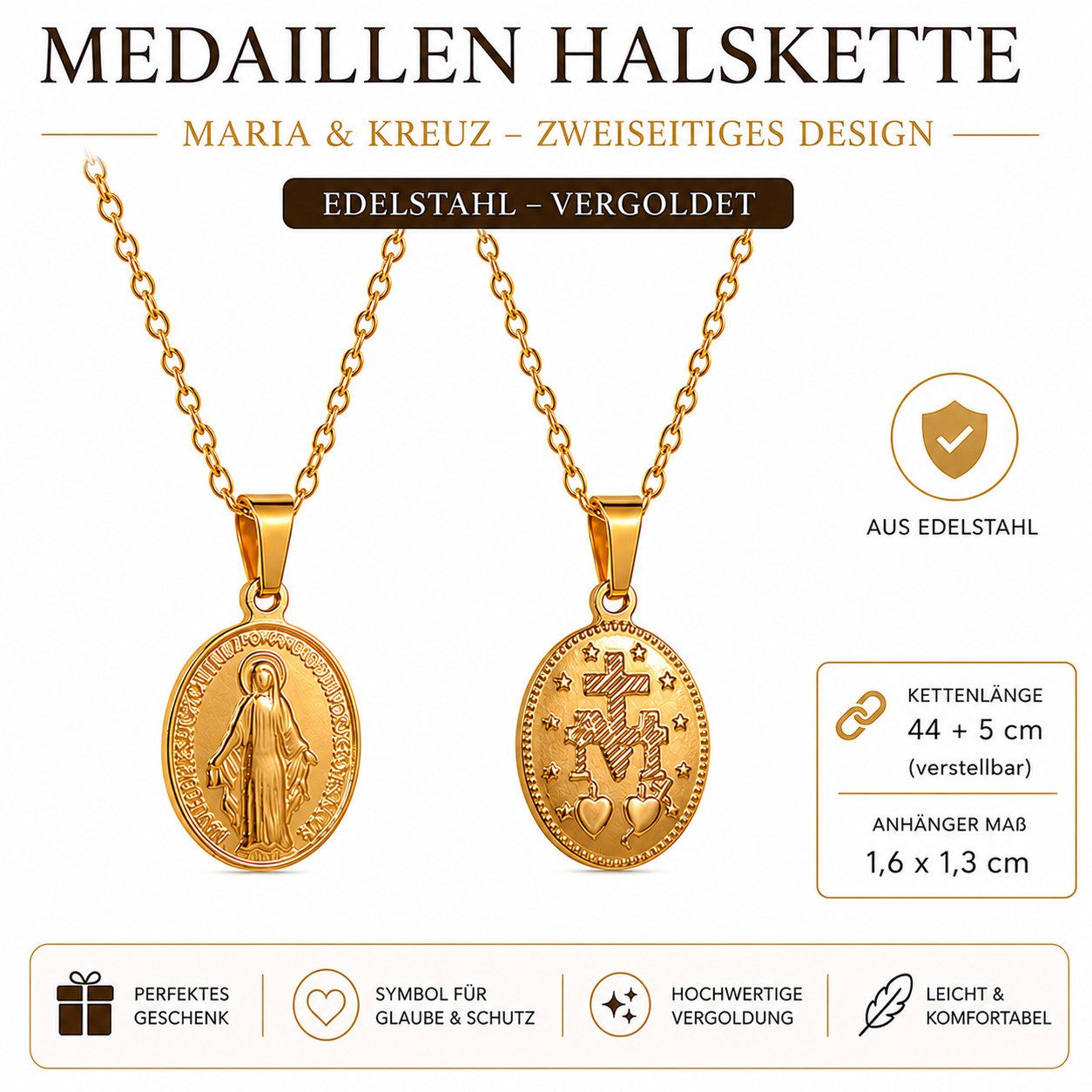 Ware aus aller Welt Kette mit Anhänger Vergoldete Medaillen Halskette Maria & Kreuz aus Edelstahl