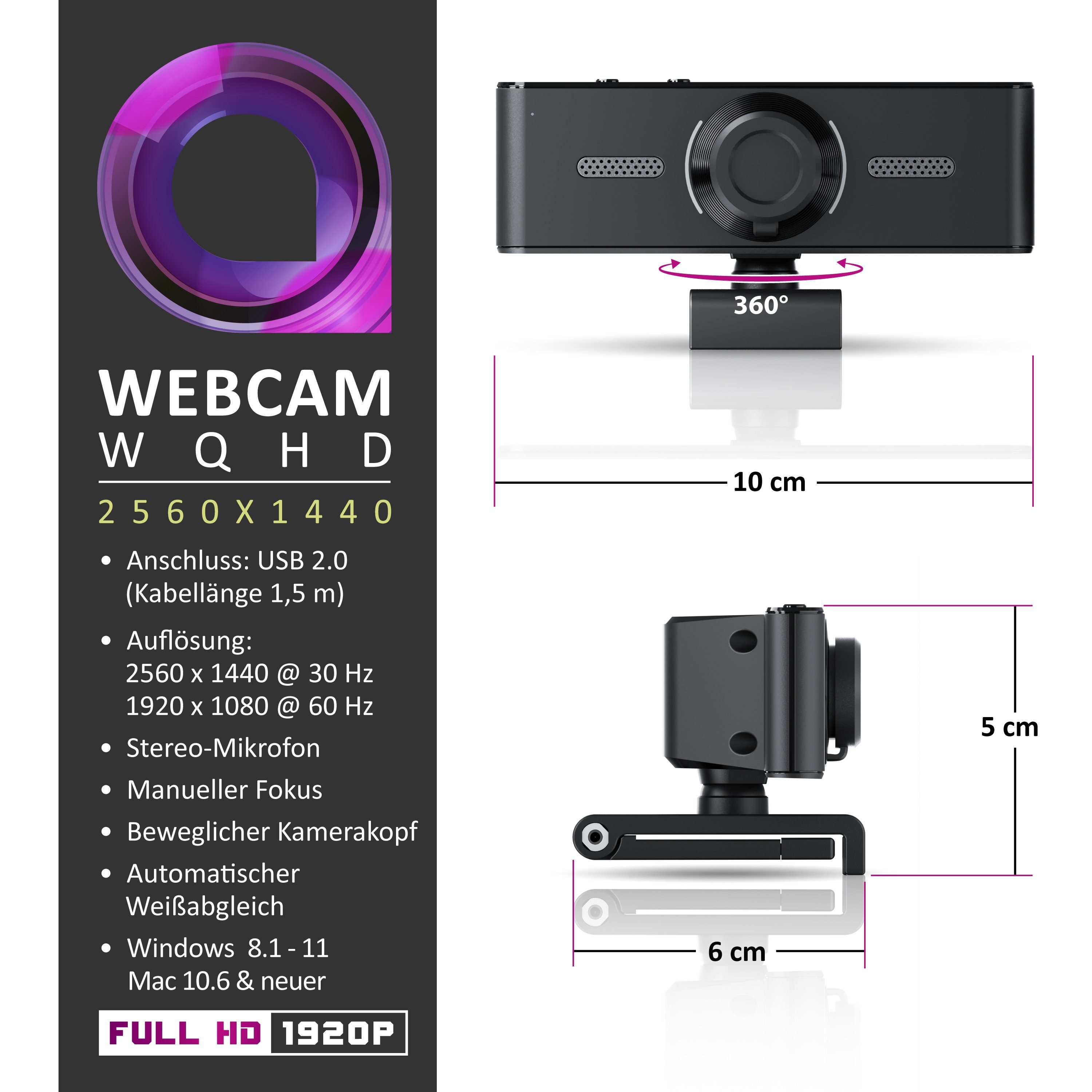 Full Fokus, (2K @ FHD @ Dual 30 Stativgewinde) HD-Webcam manueller Mikrofon, 60 Hz, Aplic Hz,