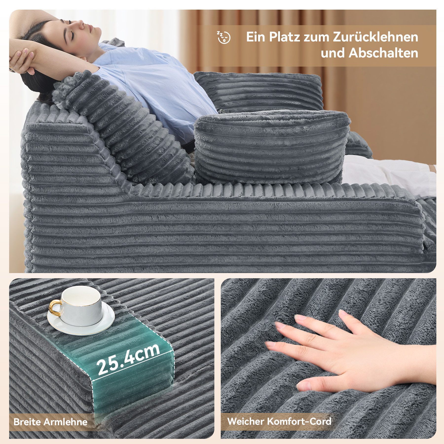 HawthyHome Schlafsofa Cordstoff Relaxsofa mit 2 Kissen, 1 Teile, 172x129x40 cm Bequeme Liegesofa für Wohn- und Schlafzimmer – Bild 5 von 5