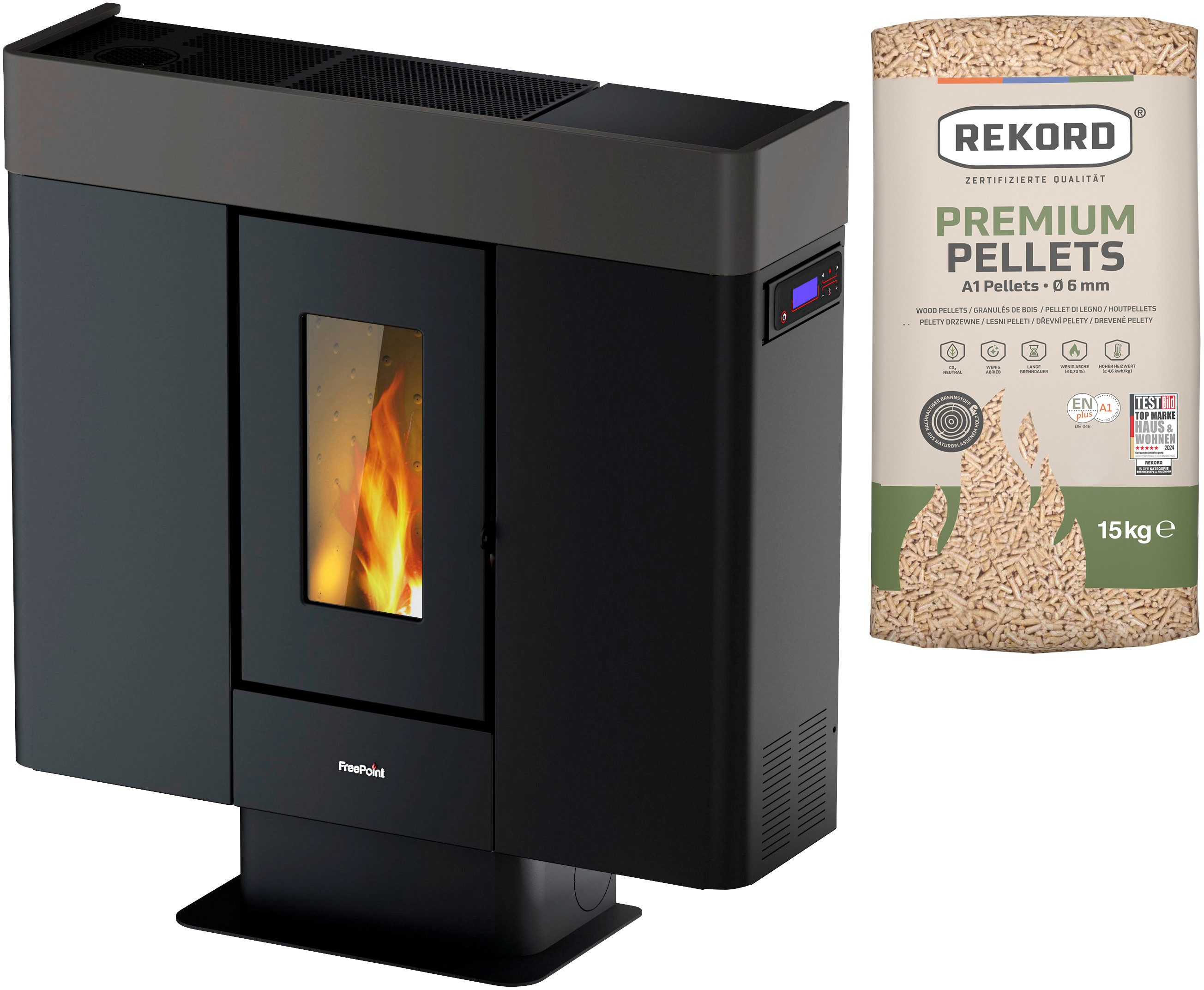 Freepoint Pelletofen Moon airtight, 10 kW, Zeitbrand, kanalisierbare Warmluft, WIFI inklusive, raumluftunabhängig