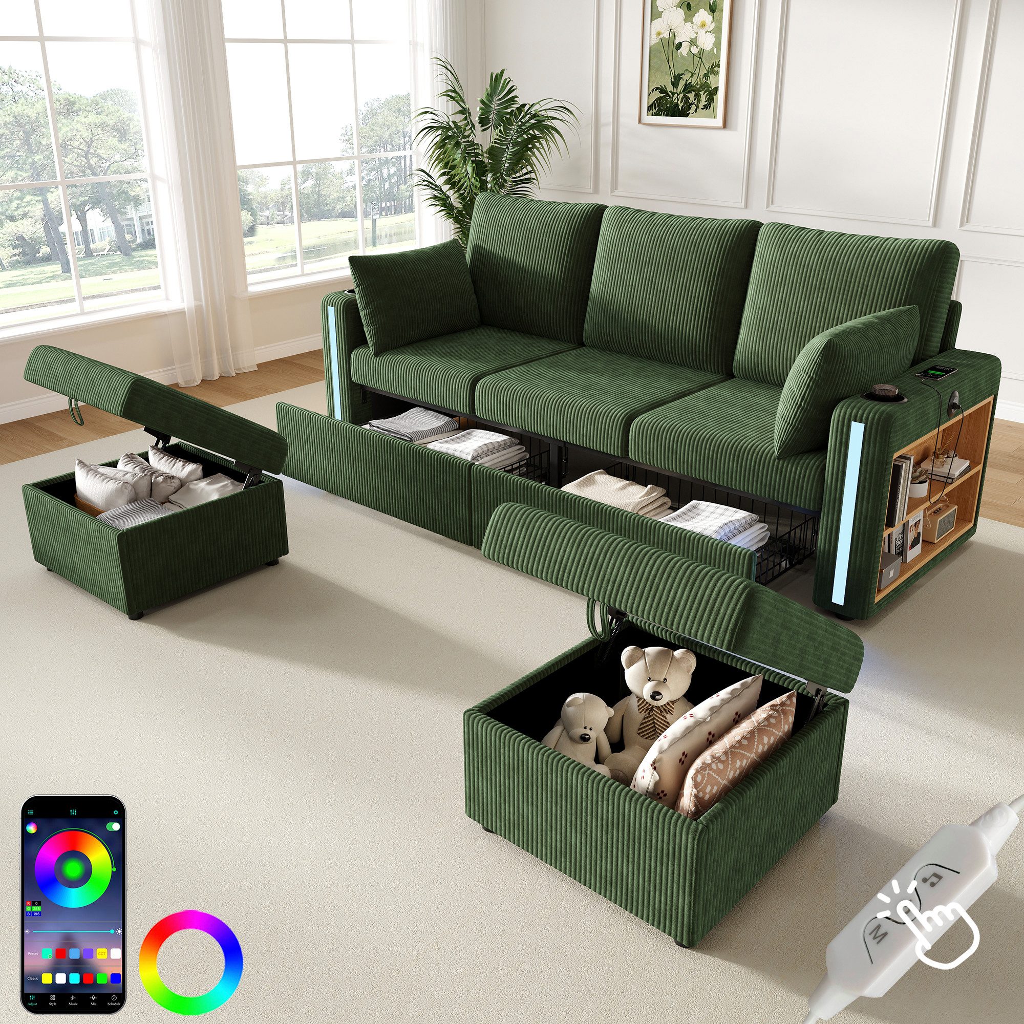 Merax Sofa 5-Sitzer-Sofa mit LED-Beleuchtung, USB/Type-C-Ladeanschlüssen, U-/L-Form Sofa, 190x130x85cm 1 Teile, Modulares Sofa mit 2 Stauraumhockern, Getränkehalter & Schubladen