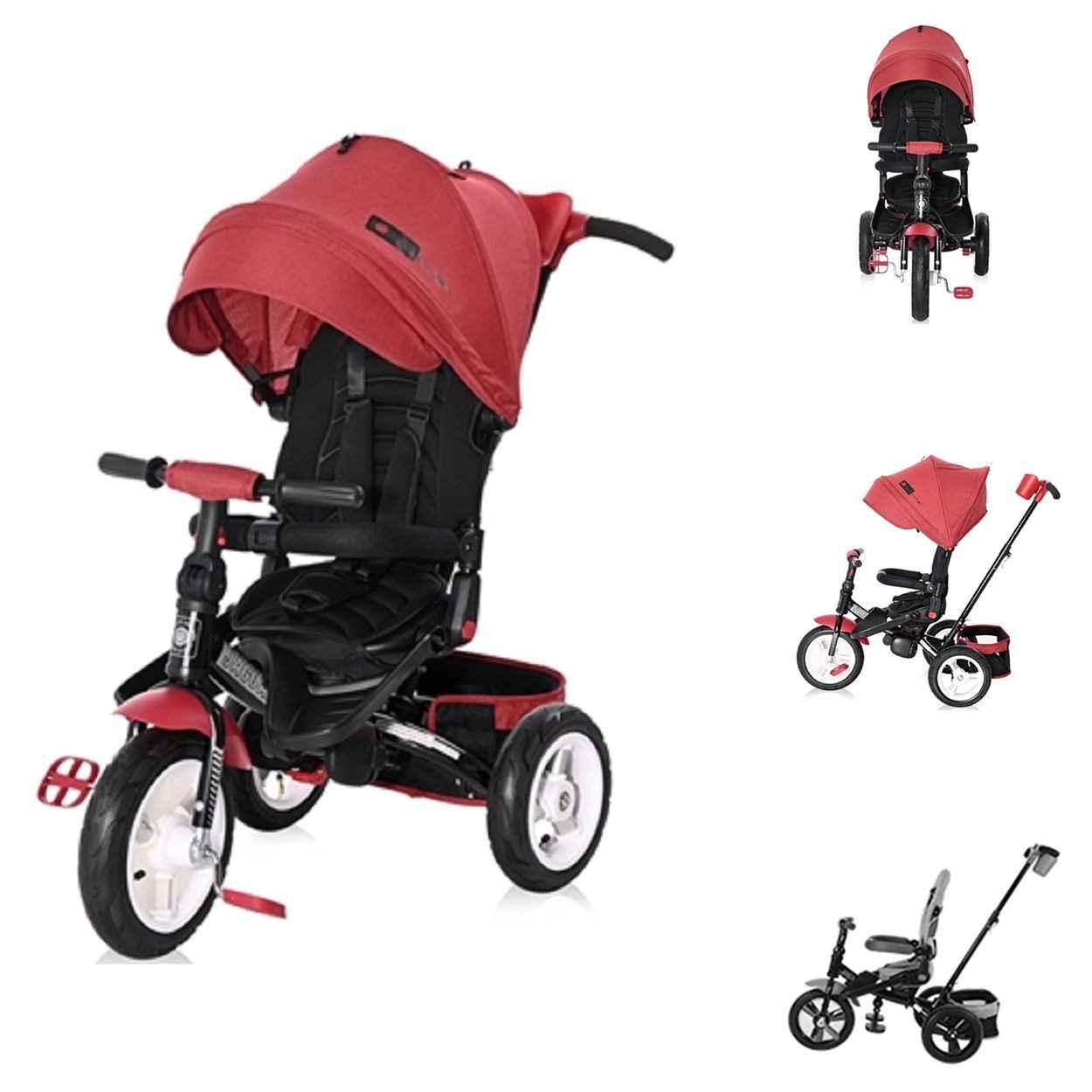 Lorelli Dreirad Jaguar 4 in 1 Gummireifen, Gummireifen, drehbarer Sitz, Schiebestange, Fußstütze, Getränkehalter