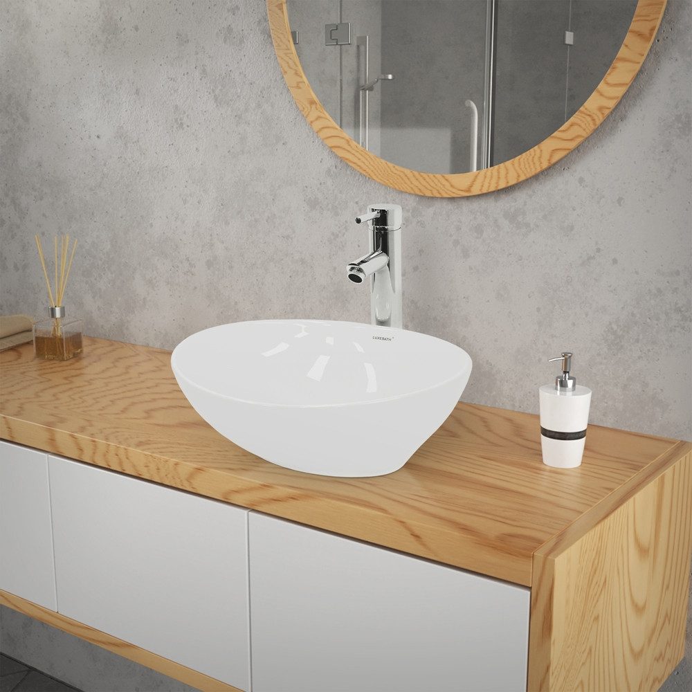 LuxeBath Waschbecken Aufsatzwaschbecken aus Keramik Handwaschbecken Wasserfall Waschtisch, Waschschale Aufsatzwaschtisch Weiß inkl. Ablaufgarnitur ohne Überlauf – Bild 5 von 5