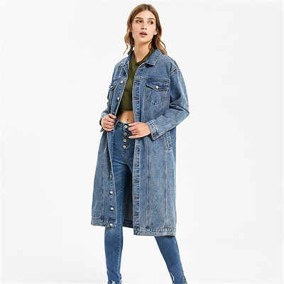 RUZU UG Anorak Lange Jeansjacke für Damen, gewaschenes Retro-Slim-Fashion-Denim-Top (1-St)