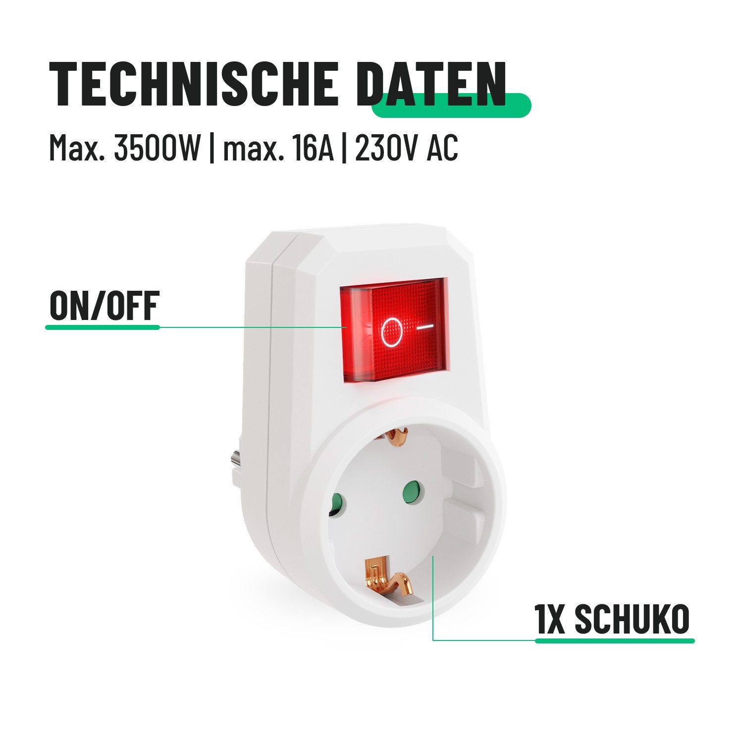 greate. 1fach Steckdosenadapter mit Schalter - Zwischenschalter ohne Kabel Mehrfachsteckdose 1-fach (Mit Schalter, Erhöhter Berührungsschutz) – Bild 5 von 5