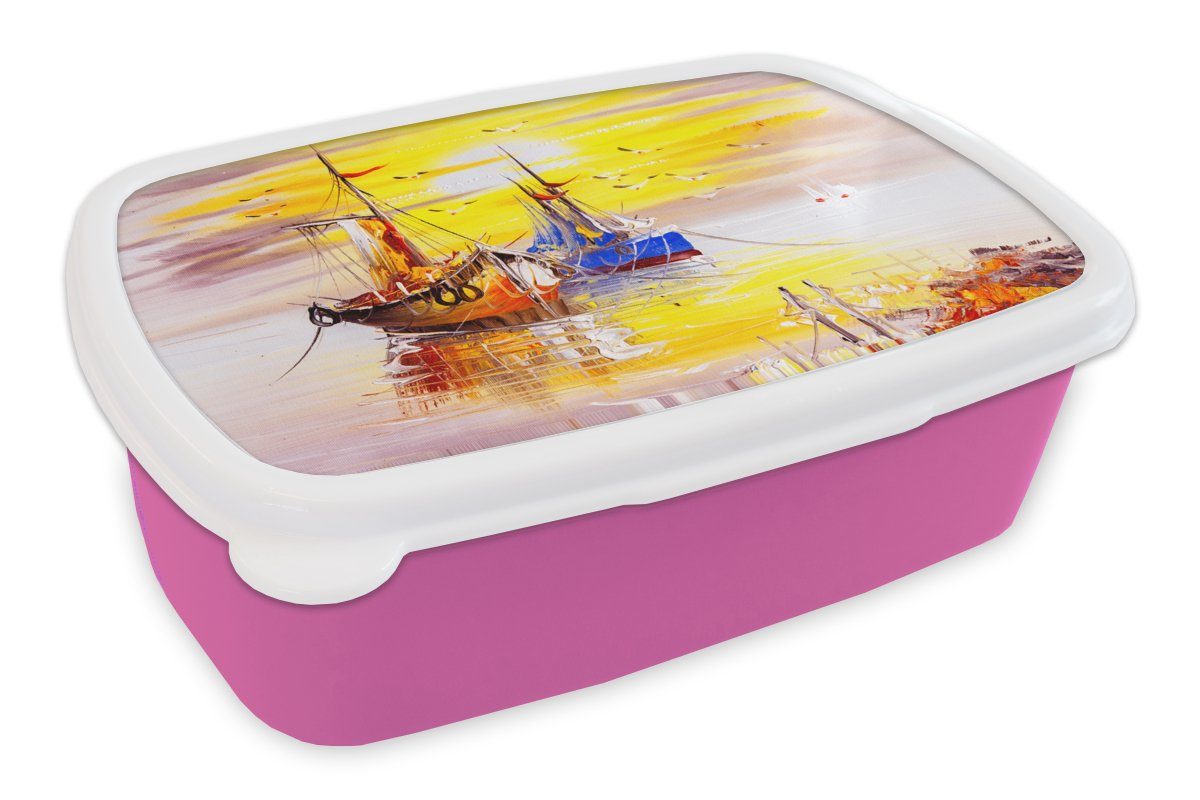 MuchoWow Lunchbox Malerei - Boot - Wasser - Ölfarbe, Kunststoff, (2-tlg), Brotbox für Erwachsene, Brotdose Kinder, Snackbox, Mädchen, Kunststoff rosa