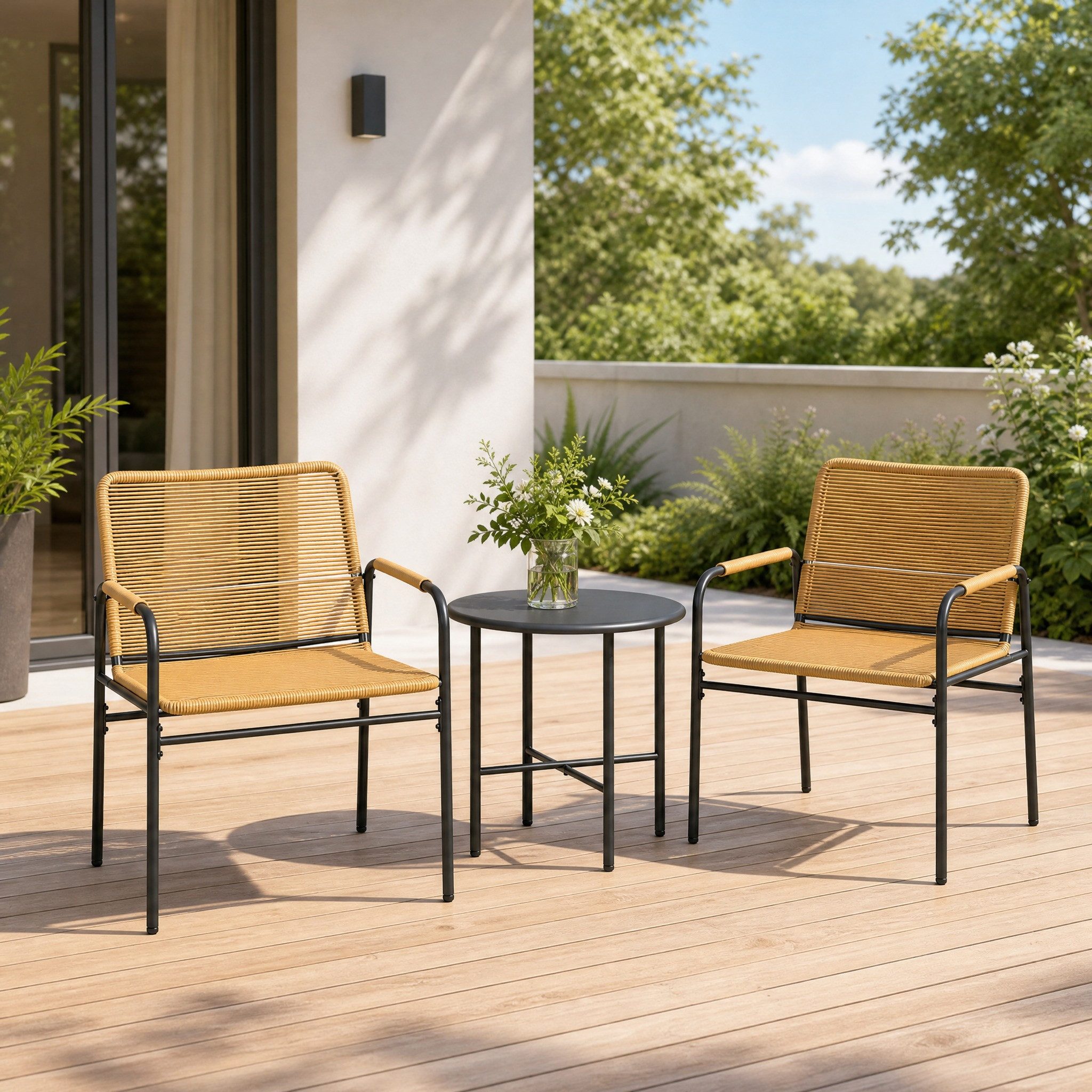 OKWISH Sitzgruppe 3‑tlg. Rattan-Bistroset mit 2 Gartensesseln & Couchtisch, Stahlgestell, (Set, 3-tlg., Balkonmöbel für Terrasse, Garten & kleine Außenbereiche, in Gelb), 2‑Personen-Garnitur für entspannte Stunden im Freien
