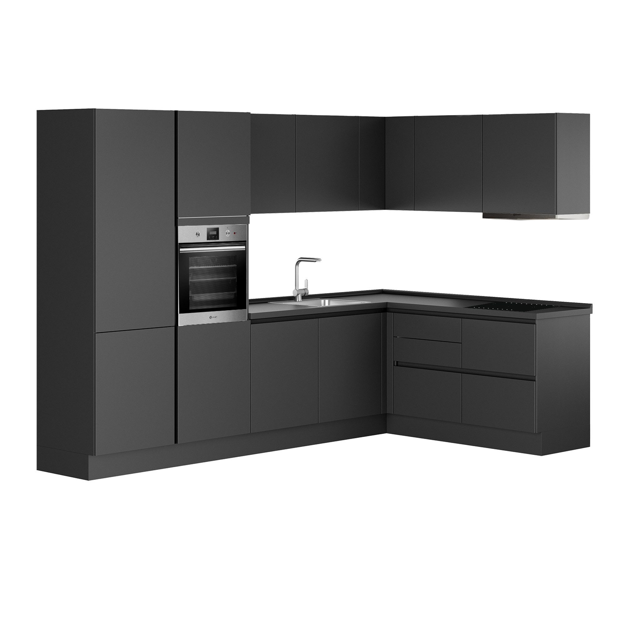 ROCTOR Winkelküche RT9002 Perfect Soft / AP PerfectSense Schwarz - 492,5 cm breit, Vormontiert, inklusive Bauknecht E-Geräten, Korpus Made in Germany