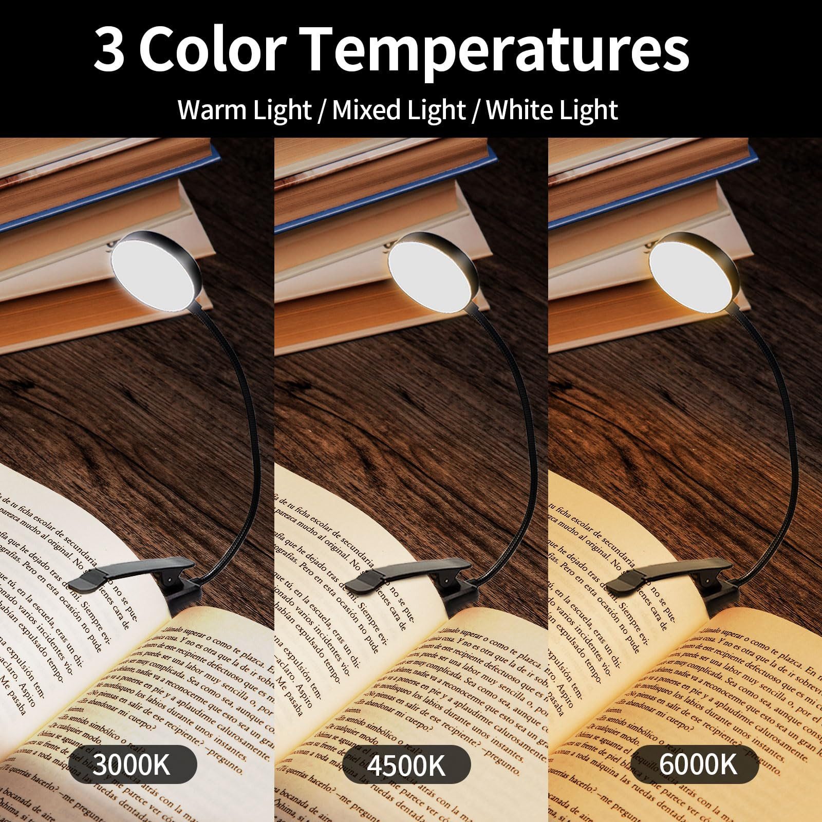 LQWELL LED Leselampe Leselampe Buch Klemme im Bett, USB Wiederaufladbare Leselicht, LED fest integriert, mit 3 Farbtemperaturen, 10 Helligkeitsstufen & Stufenlo – Bild 3 von 5