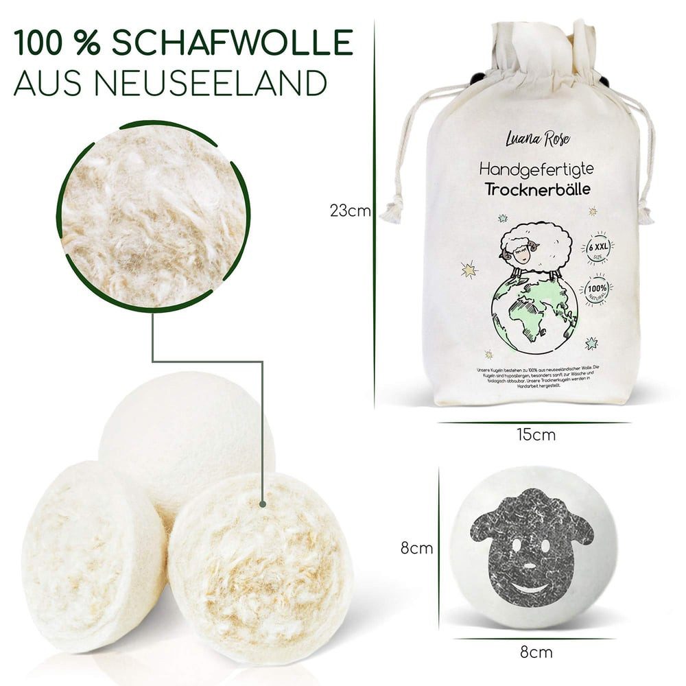 Luana Rose Trocknerball für Wäschetrockner 100% Schafwolle Öko-Freundlicher Weichspüler, Trockenball für Daunen - Tennisbälle zum Waschen -Set 6 Stück