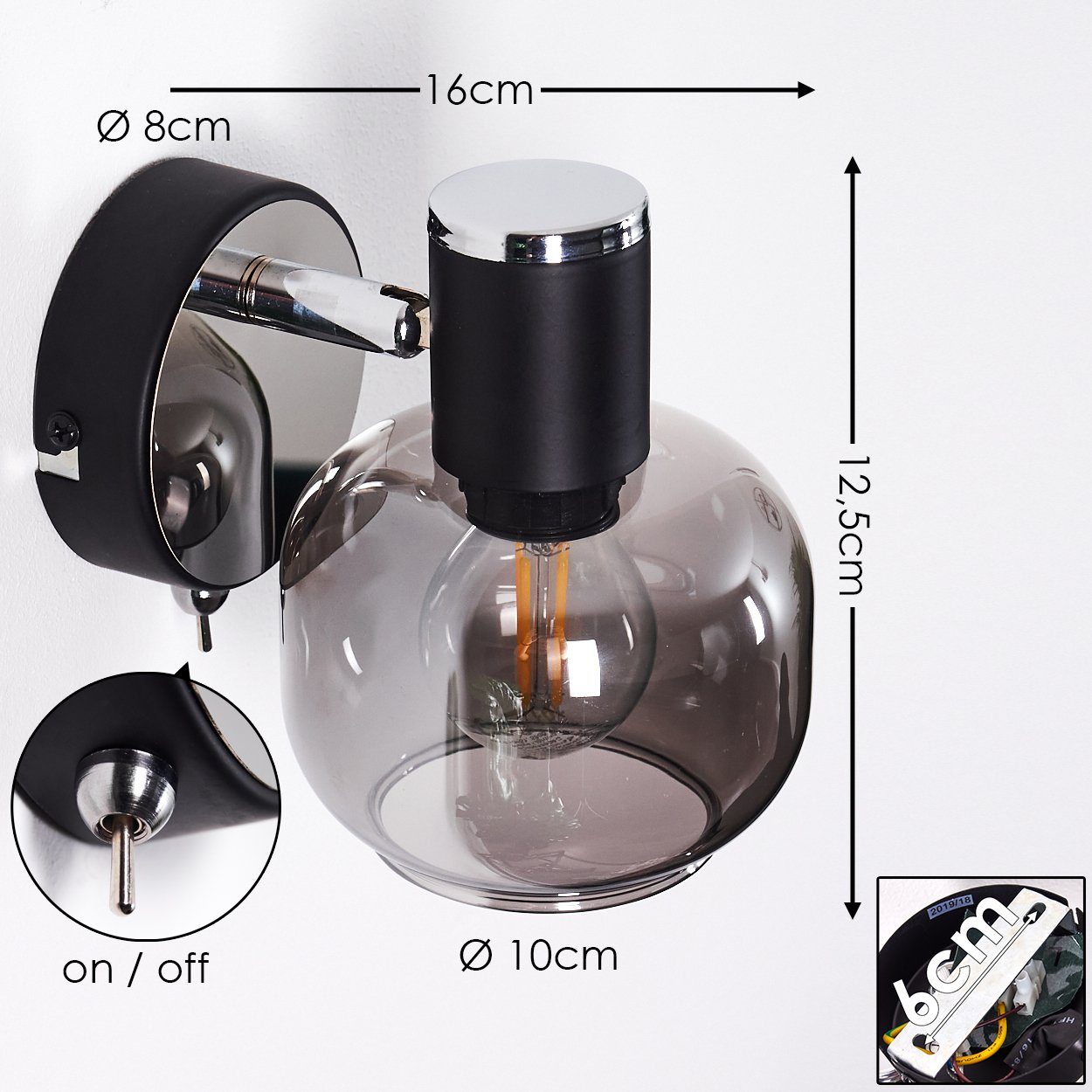 hofstein Wandleuchte »Perito« Wandlampe aus Metall/Glas in Schwarz/chrom/Rauchglas, ohne Leuchtmittel, E14, verstellbarer Wandspot m. An-/ Ausschalter