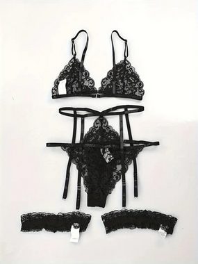 Elegant Love Set: Triangel-BH Florale Spitze Dessous-Set: Plunge-BH, Strumpfgürtel & Tanga (Set, 2-tlg., mit G-String und Strumpfhalter) Erotische Unterwäsche für Damen, sexy Lingerie, sinnliche Reizwäsche