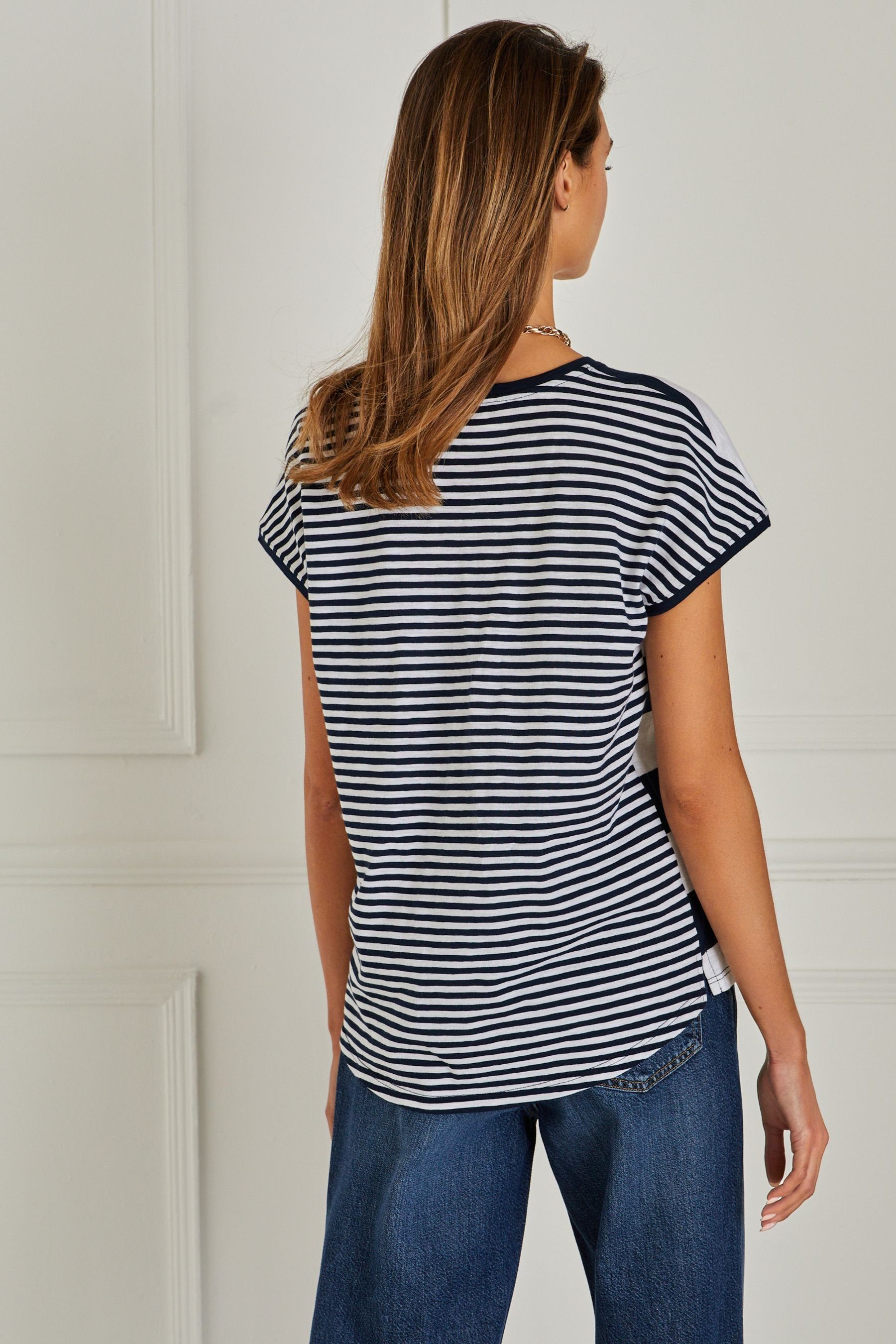 Next T-Shirt Kurzärmeliges Rundhalsausschnitt Slub Navy (1-tlg) T-Shirt Stripe Blue/White mit