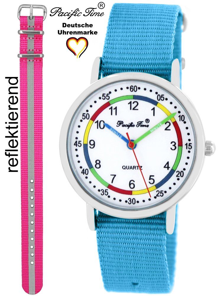 Pacific Time Quarzuhr Set Lernuhr pink und Kinder und Gratis Reflektor Match Armbanduhr First - Wechselarmband, Versand Mix Design hellblau