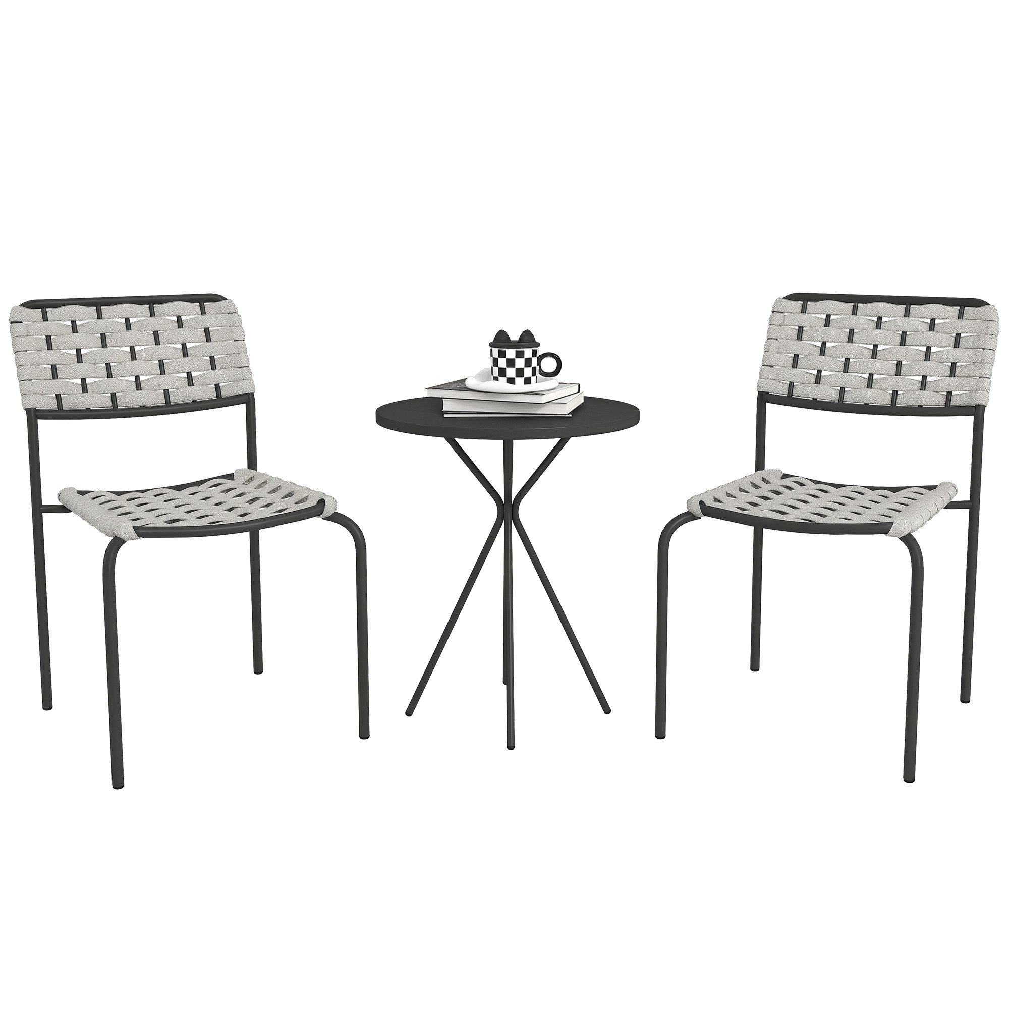 Outsunny Gartenlounge-Set 3-teilig, mit 2 Stapelbare Stühle, Tisch, (wetterfest Balkonmöbel für 2 Personen, 3-tlg., Polyrattan Gartenmöbel Set), für Garten, Terrasse Balkon, Grau