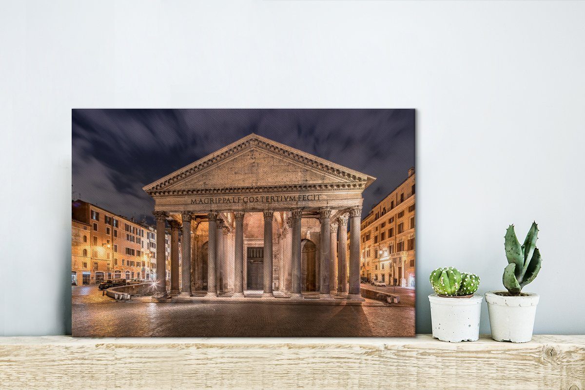 OneMillionCanvasses® Leinwandbild mit St), Leinwandbilder, schöner Wanddeko, Aufhängefertig, Wandbild am in Pantheon Frontansicht Rom, Beleuchtung Abend cm 30x20 (1