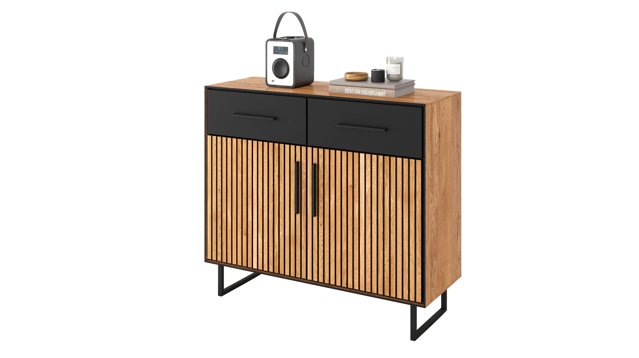 Massivart® Kommode BELLA 108 cm / Massivholz Eiche geölt / Metallgriffe, 2 Türen / 2 Schubladen / 1 Einlegeboden / Soft-Close-Funktion
